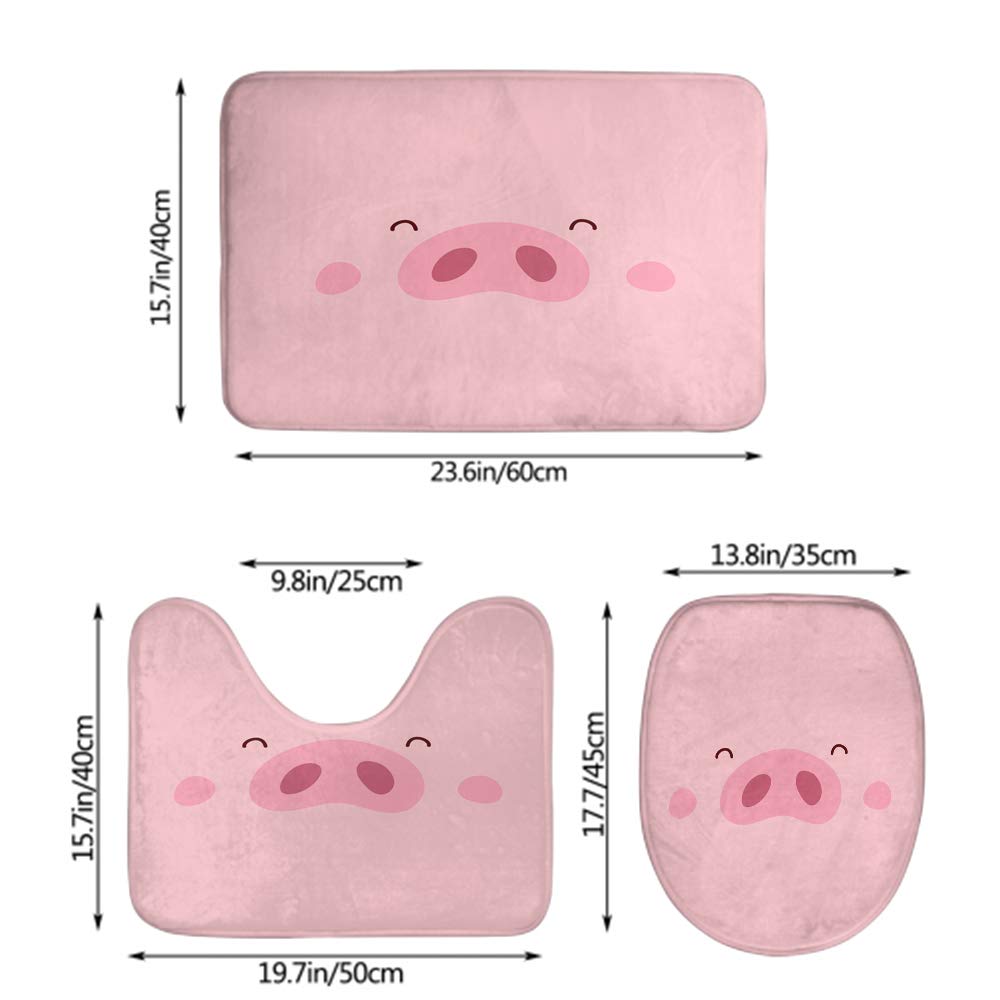 Cute Pink Piggy Bath Mat Set - Non-Slip 3-Piece Bathroom Rug with Smile Eyes & Polka Dots - Includes Toilet Lid Cover & Anti-Skid Pad for Kids & Adults - Perfect for Bathroom, Nursery, or Farmhouse Decor