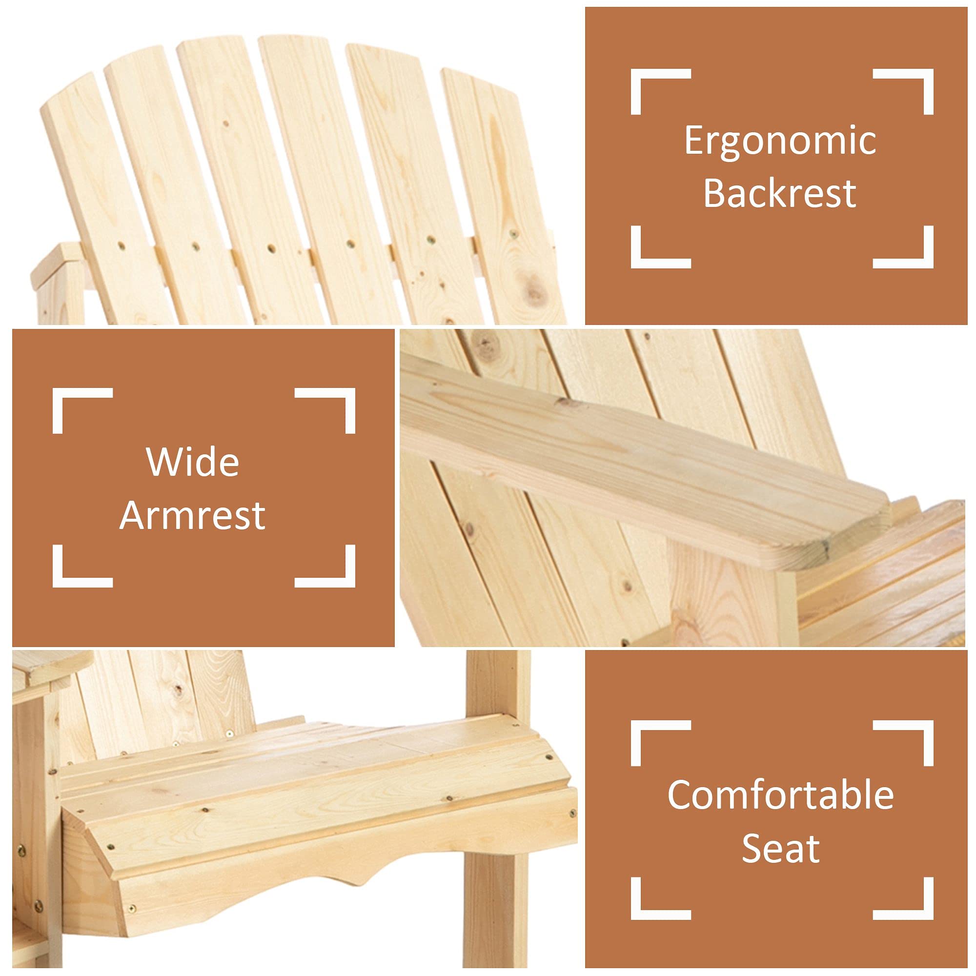 Outsunny 2-Person Wooden Adirondack Chairs Set with Fire Pit Table & Umbrella Hole - Natural Patio Furniture for Deck, Lawn, Poolside, Backyard Relaxation & Outdoor Gatherings