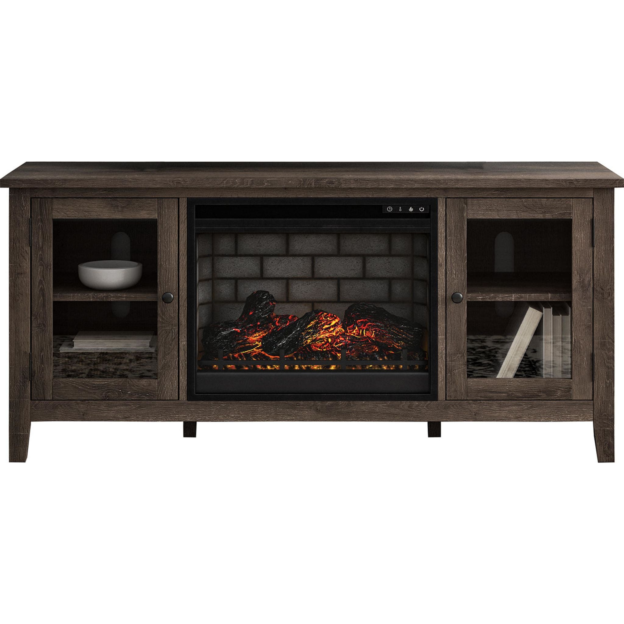 Arlenbry Modern Gray Credenza with Built-in Electric Fireplace - Stylish TV Stand & Living Room Storage Cabinet for Home Entertainment & Cozy Ambience