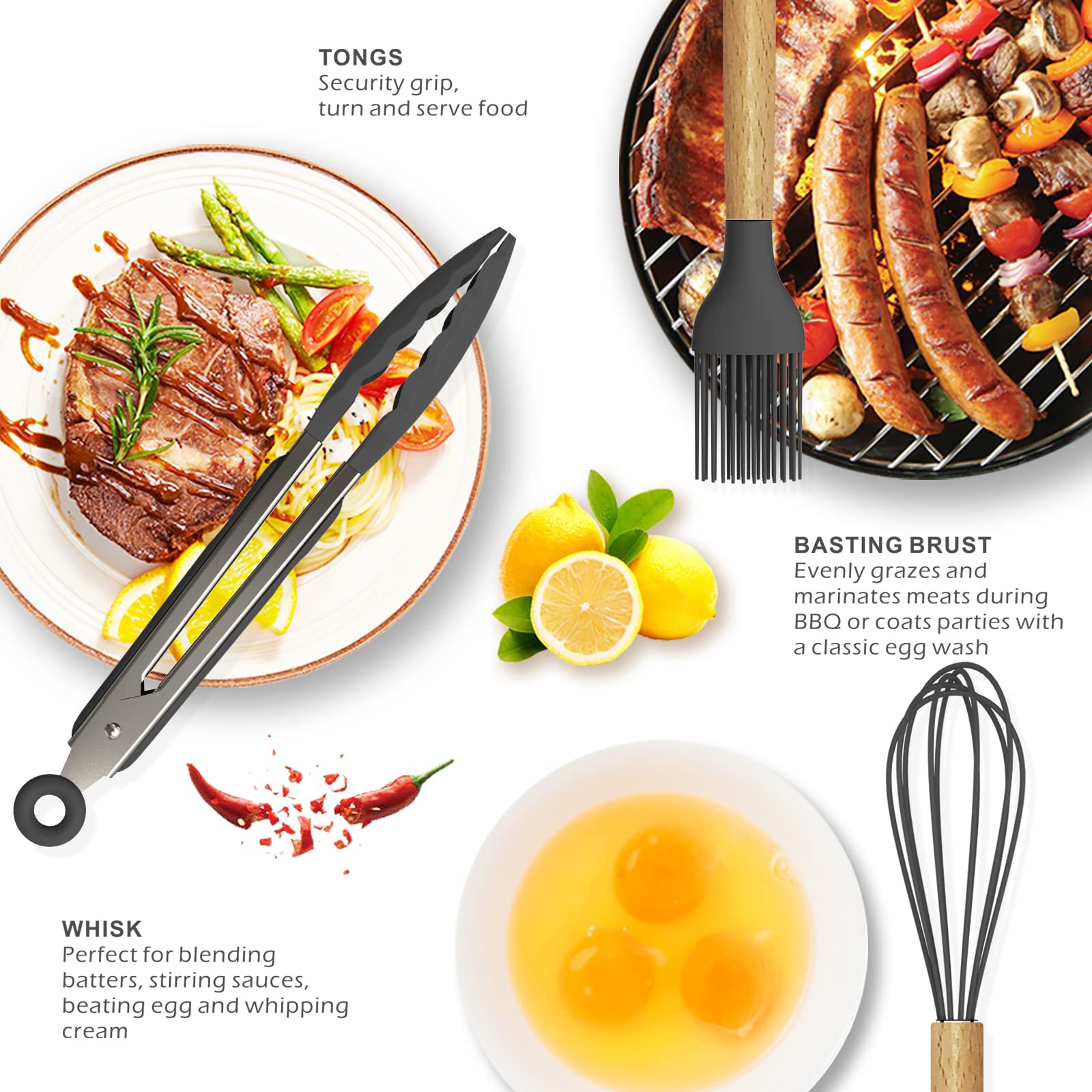 Heat Resistant Silicone Cooking Utensils Set - 446°F Nonstick Kitchen Tools with Spatula, Turner, Tongs, Spoon, Brush & Whisk | BPA Free & Dishwasher Safe | Perfect for Nonstick Pans, Baking & Everyday Cooking (Gray)