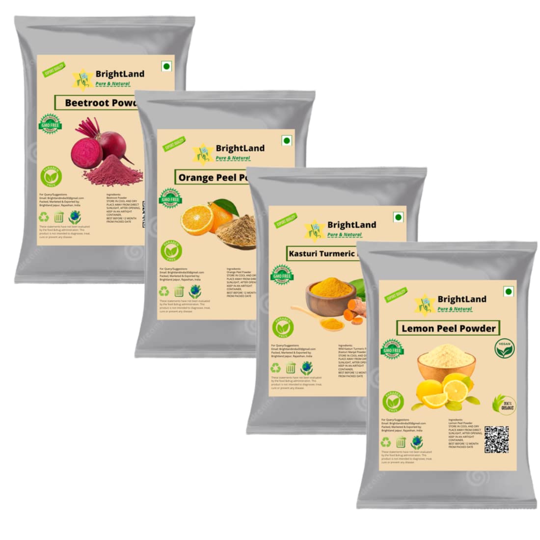 Brightland Wild Amba Haldi Kasturi Turmeric Powder with Orange Peel, Beetroot & Lemon Peel - 100g Each (400g Total) - Natural Face Mask & Hair Treatment for Glowing Skin & Healthy Hair - DIY Beauty Care for Spa Days & Self-Care Routines