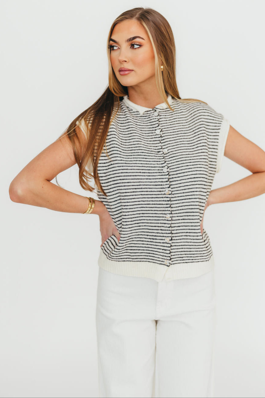 Arely Striped Sweater Vest Cardigan for Women - Ivory & Black Nursing-Friendly Layering Piece | Perfect for Maternity Wear, Breastfeeding & Casual Outfits