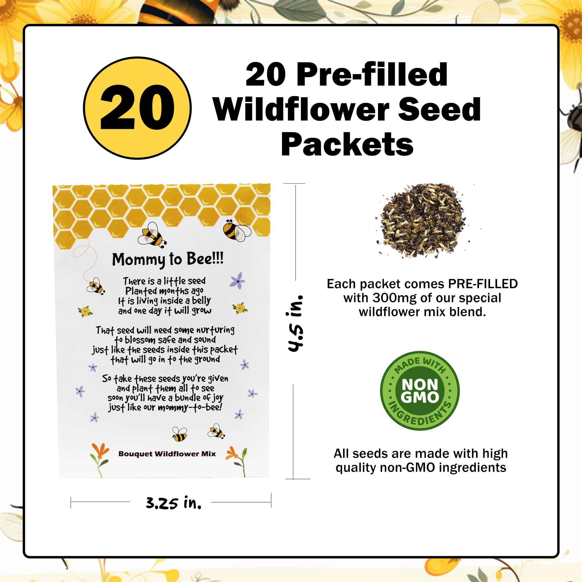 Mommy to Bee Wildflower Seed Packets – 20 Pre-Filled Non-GMO Seed Favors for Baby Showers | Gender Neutral Gift for Guests | Bouquet Wildflower Mix | Perfect for Gender Reveals, Wedding Favors & Garden Planting