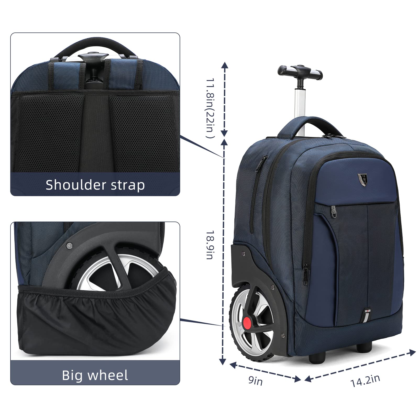 Waterproof Rolling Backpack with Wheels for Business Travel & Commuting - 20 Inch Wheeled Carry On Backpack with Laptop Compartment Fits 15.6 Inch Laptop - Durable Backpack for Adults, Women & Men (Blue) - Perfect for Air Travel, Daily Commute & Office Use