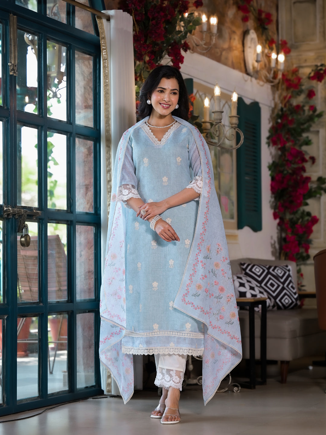 Stylish Blue Linen Pant Suit for Women - Digital Printed Designer Outfit - Perfect for Office Wear, Business Meetings & Formal Events