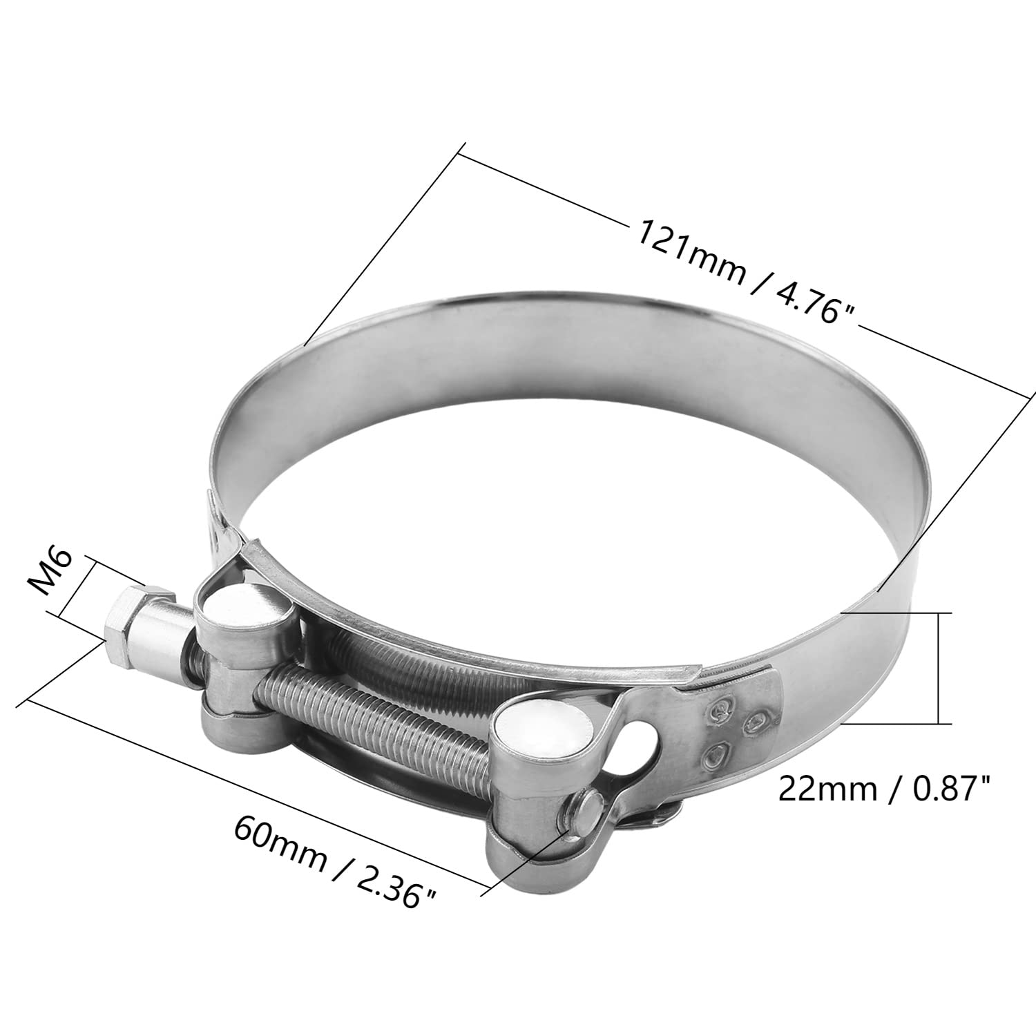 Stainless Steel T-Bolt Hose Clamp 113-121mm (4.45-4.76 Inch) for Fuel Pump, Filter & Plumbing - Heavy Duty Silver Clamp (1 Pack) - Perfect for Automotive, Marine & Industrial Hose Connections
