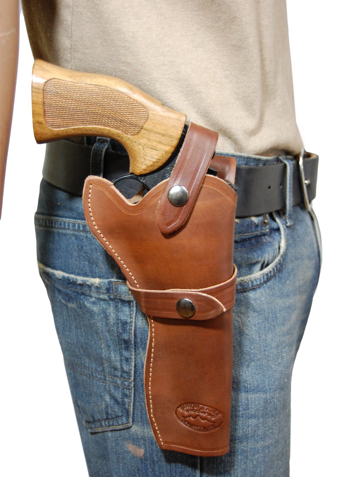 Barsony Genuine Brown Leather Western Gun Holster for 6 Inch Revolvers - Cowboy Style Belt Clip, Perfect for Concealed Carry & Range Shooting