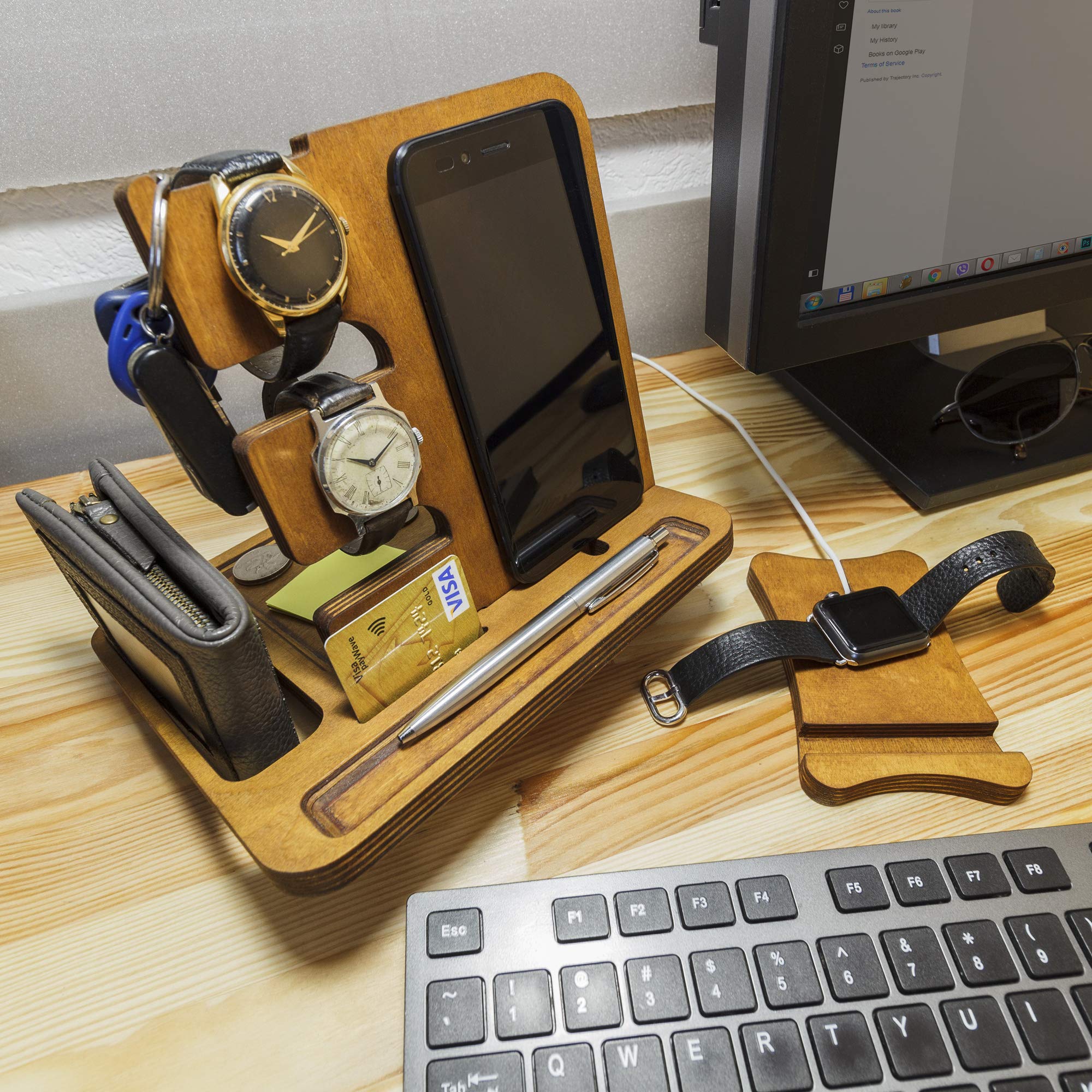 Wooden Phone Docking Station - Nightstand Organizer for Men with Phone, Tablet & Watch Holder - Wallet Stand - Perfect Anniversary Gift for Husband from Wife - Ideal for Bedside Organization & Tech Accessories Storage