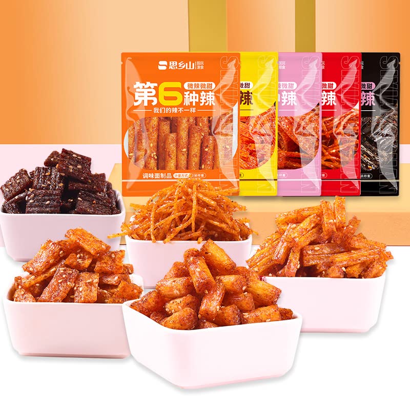 5 Types of Spicy Strips & Noodle Snacks - Chinese Handmade Spicy Sticks, Slightly Sweet & Spicy Gluten Snacks (10 Bags) | Perfect for Road Trips, Office Snacking & Late Night Cravings