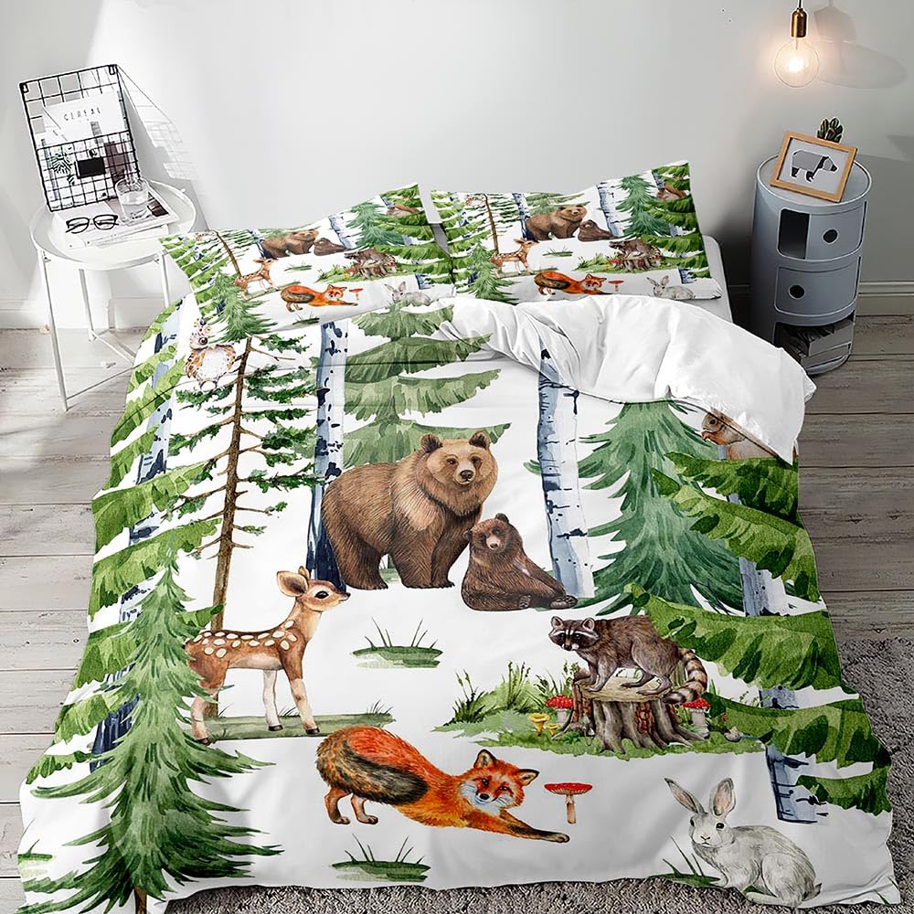 LUVIVIHOME 3-Piece King Size Duvet Cover Set - Cute Deer Bear Fox Rabbit Raccoon Owl Forest Animal Print Bedding for Toddler Boys Girls Kids | Woodland Nursery Decor with 2 Pillow Shams | Perfect for Kids' Bedrooms, Baby Showers & Cozy Nursery Themes
