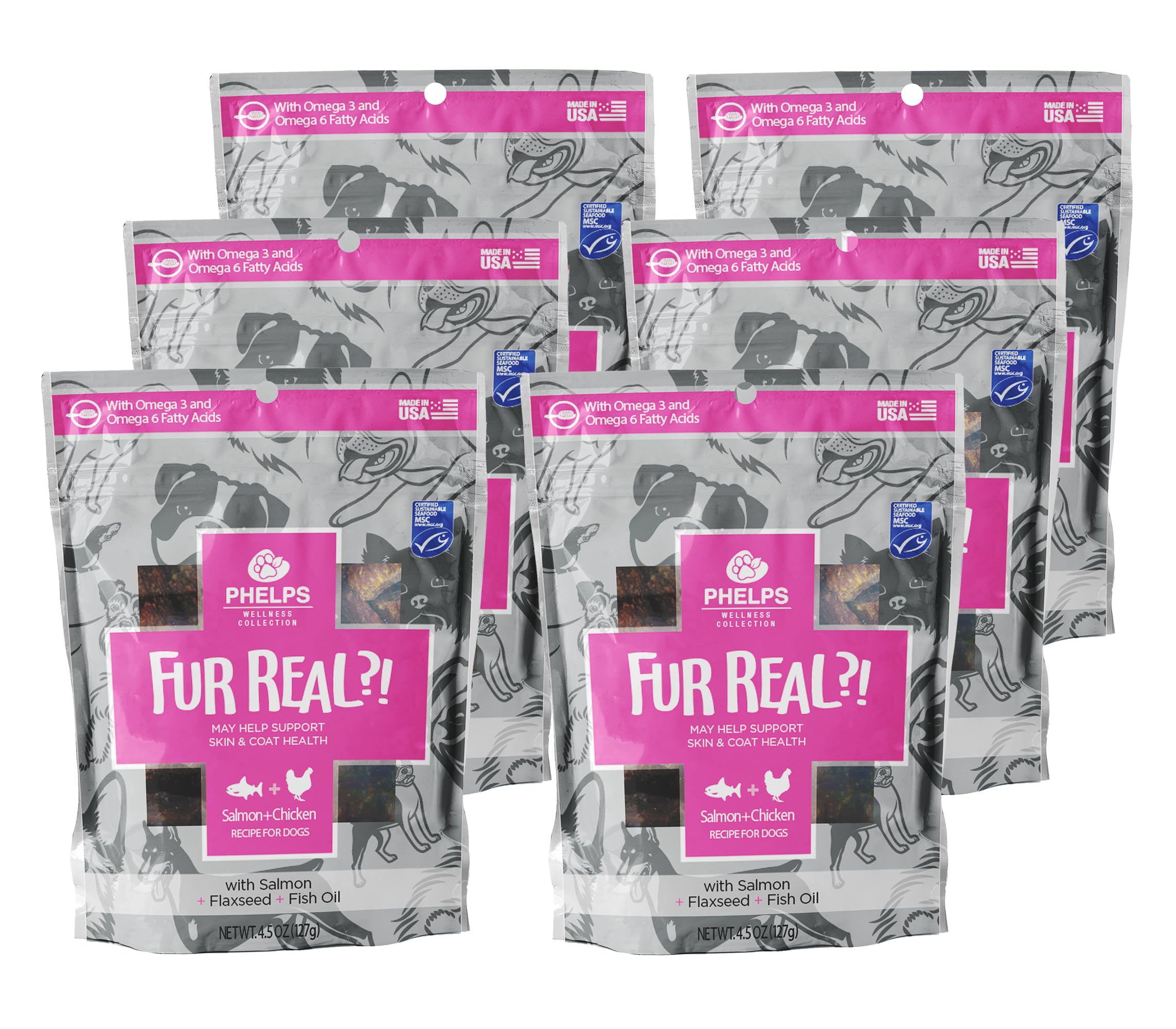 Fur Real Skin & Coat Salmon & Chicken Recipe Dog Treats - 6 Pack (4.5 oz Each) - Grain Free, Omega Rich Snacks for Healthy Skin & Shiny Coat - Perfect for Training Rewards & Daily Treats