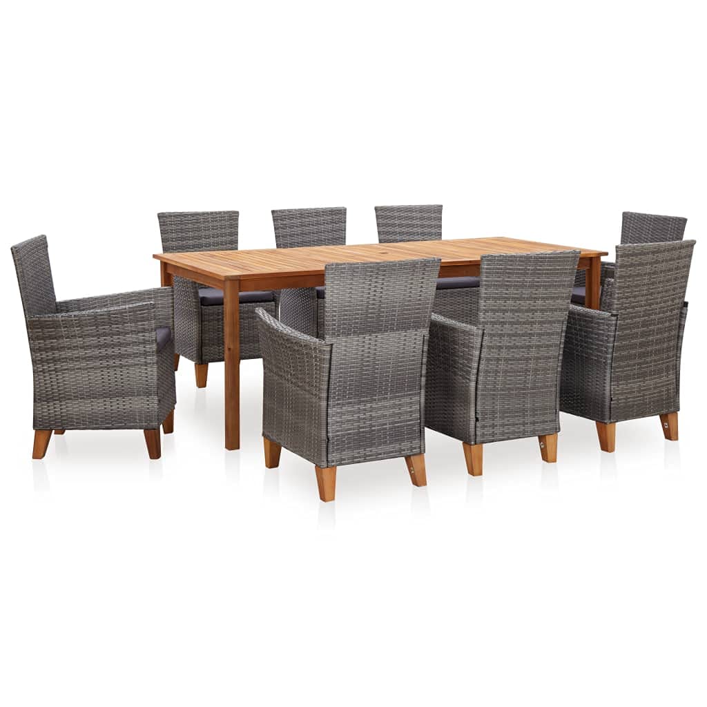 9-Piece Outdoor Dining Set - Patio Conversation Furniture with Poly Rattan & Acacia Wood Frame - Gray Bistro Set for Backyard, Poolside, Garden Dining & Entertaining