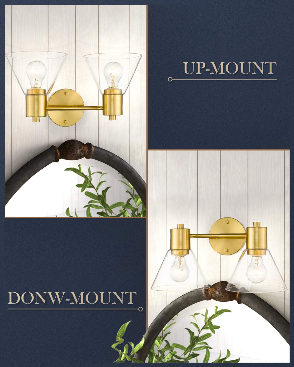 LMS Gold Bathroom Vanity Light Fixtures - 2 Light Modern Bathroom Sconce with Clear Glass Shade, LMS-100 - Perfect for Bathroom, Powder Room, and Dressing Room Lighting