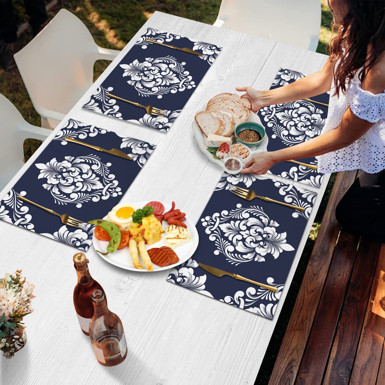 6-Pack Navy Blue Damask Floral Placemats - Waterproof Washable Table Mats with White Floral Shadow for Dining Table, Kitchen Decor - Perfect for Everyday Meals, Dinner Parties & Holiday Gatherings