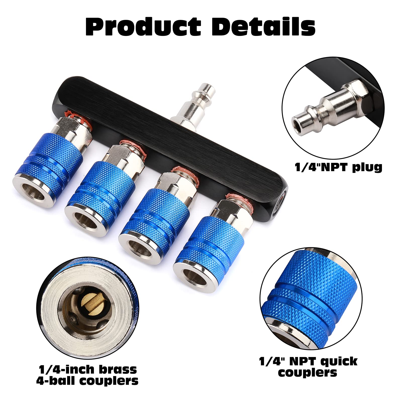 AIRTOON 4-Way Straight Air Manifold Splitter with 4 Couplers - 1/4
