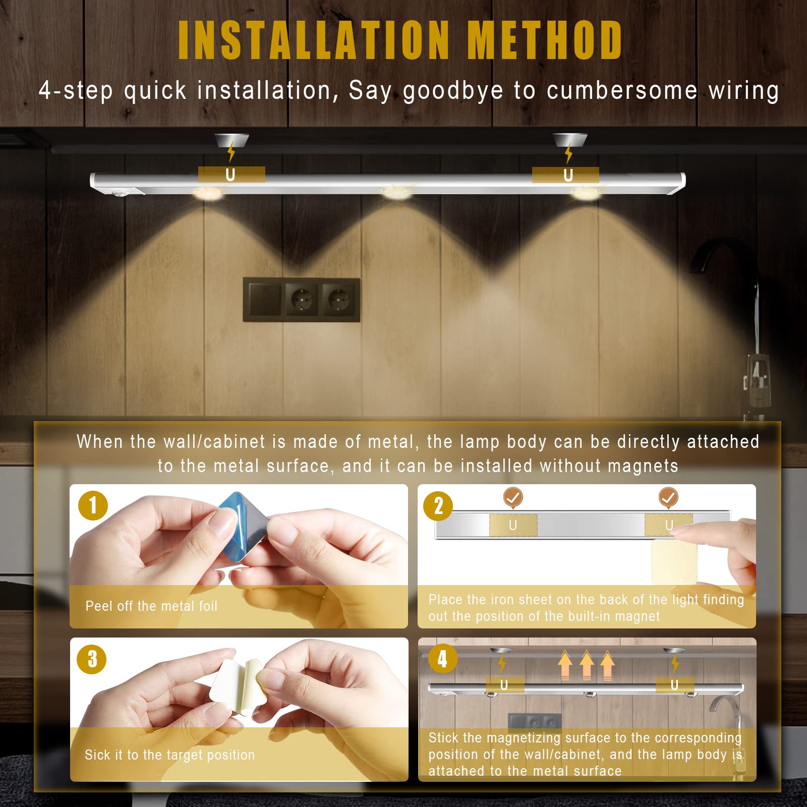 Under Cabinet Lights - 3 Color Dimmable LED Motion Sensor Closet Lighting, Rechargeable Wireless Magnetic Night Light for Kitchen, Wardrobe, Cabinet & Cupboard (40cm) - Perfect for Dark Spaces, Pantry Organization & Nighttime Safety