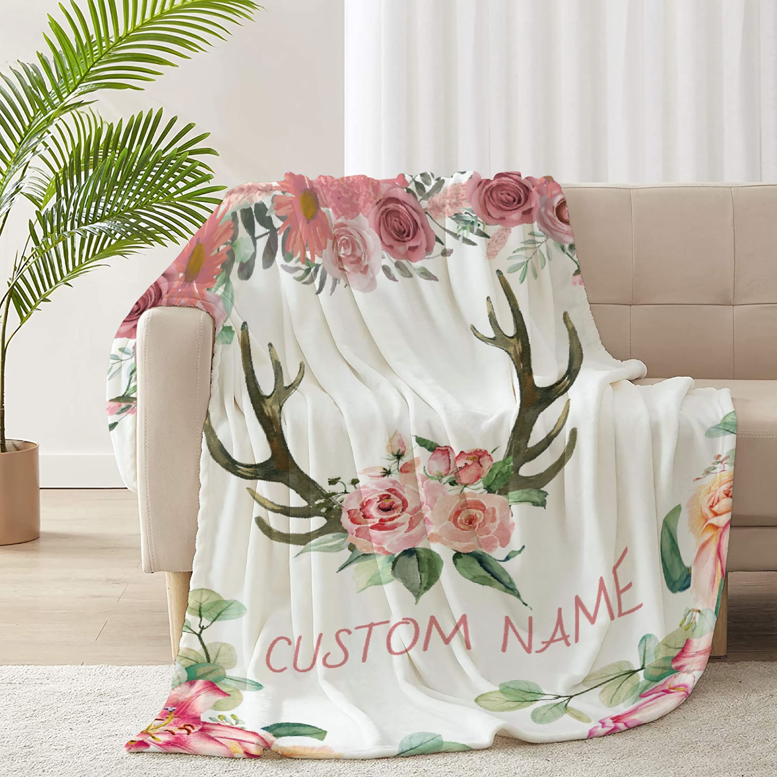 Personalized Baby Blanket with Name - Deer Horns & Floral Pink Design - Custom Fleece Blanket for Girls, Boys, Kids - Perfect Baby Shower, Birthday Gift for Daughter, Granddaughter, Niece - 120