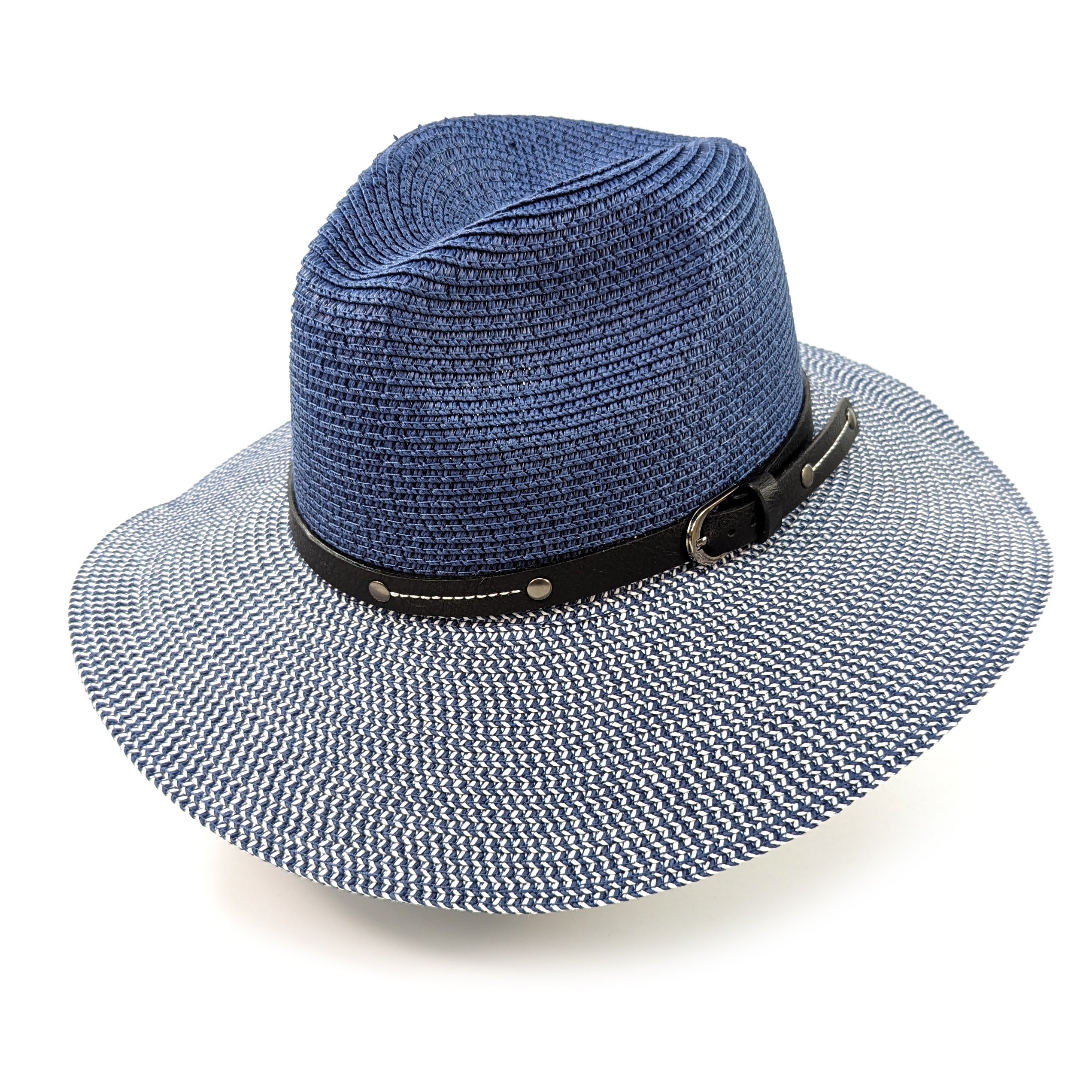 Two Tone Panama Foldable Hat for Men & Women - Mottled/Navy Blue with Adjustable Belt (57cm) - Perfect for Beach, Travel, and Outdoor Activities