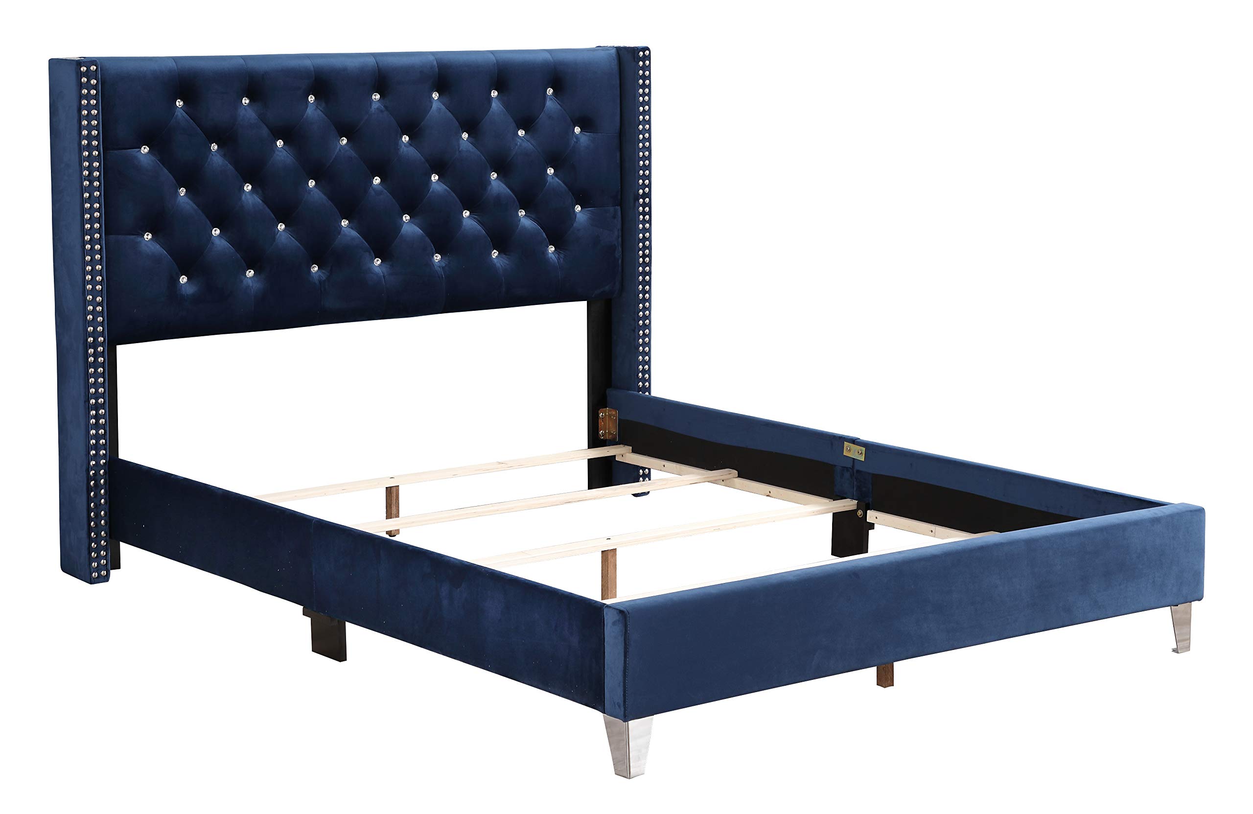 Glory Furniture Upholstered Queen Size Bed Frame - Navy Blue Fabric Headboard | Modern Bedroom Furniture for Master & Guest Rooms