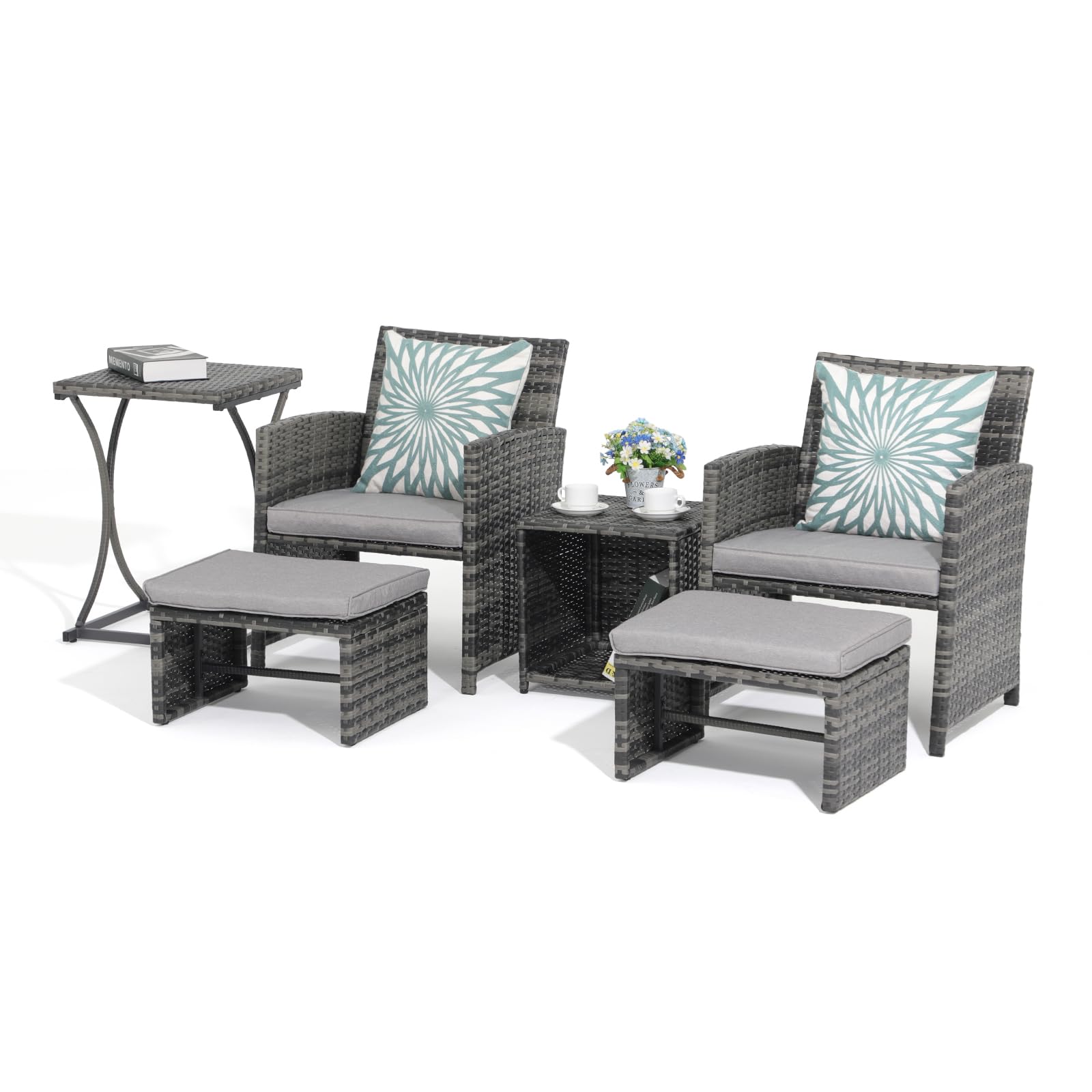 OC Orange-Casual 6-Piece Patio Furniture Set with Ottoman - Outdoor Grey Wicker Chairs & Coffee Table - Balcony Conversation Set for Apartments - Light Grey - Perfect for Backyard Relaxation, Poolside Lounging & Small Space Outdoor Living