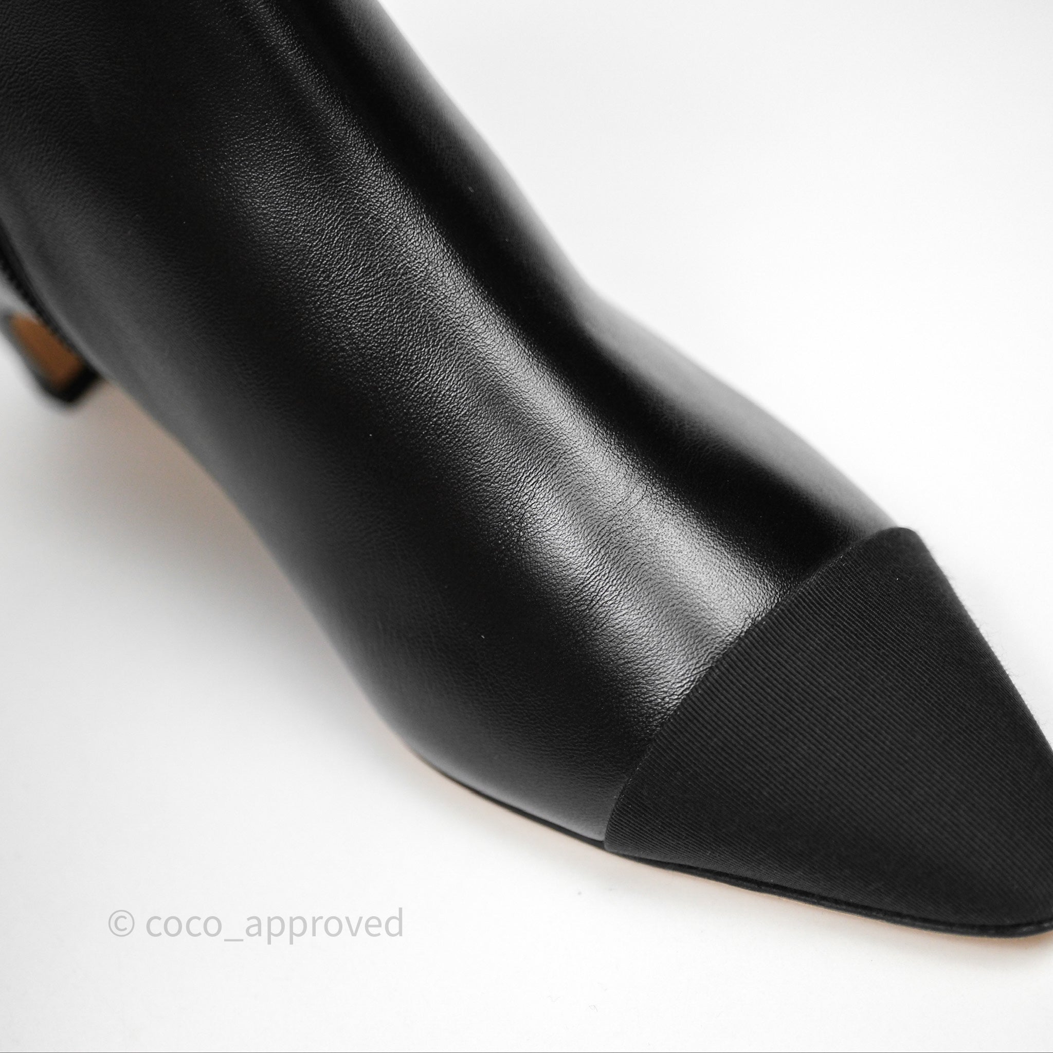 Chanel Black Cap Toe Chain Ankle Boots - Genuine Lambskin Leather Size 36.5 EU (Women's US 6.5) - Luxury Fashion Boots for Evening Parties & Date Nights