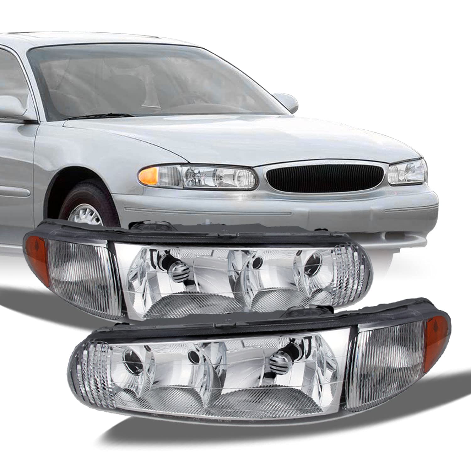 AKKON Replacement Chrome Bezel Headlights for Buick Century & Regal - Driver & Passenger Side Headlamp Pair - Perfect for Night Driving & Enhanced Visibility