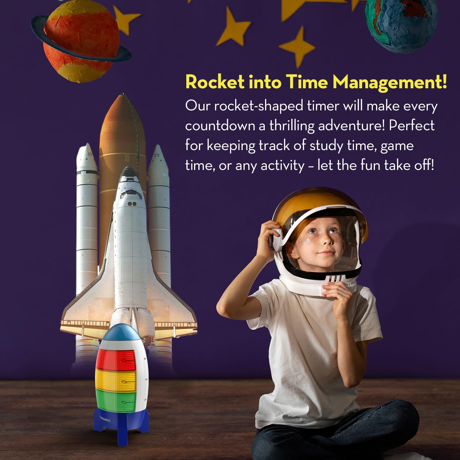 Blast Off Visual Timer for Kids - 0-24 Hour Countdown Clock with Audio Rocket, Memory Function & Color Lights (Red/Yellow/Green) | Battery Operated, Easy Setup | Perfect for Classroom, Homeschooling & Time Management Activities