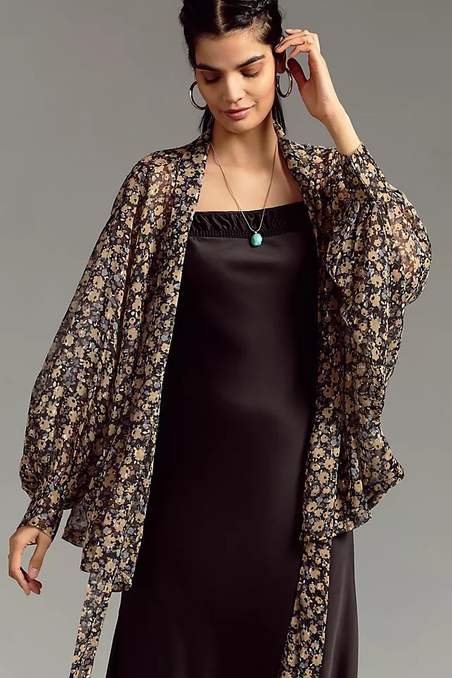 Elegant Floral Tie Front Kimono Robe - Women's Lightweight Cover-Up for Beach, Pool, or Lounge Wear