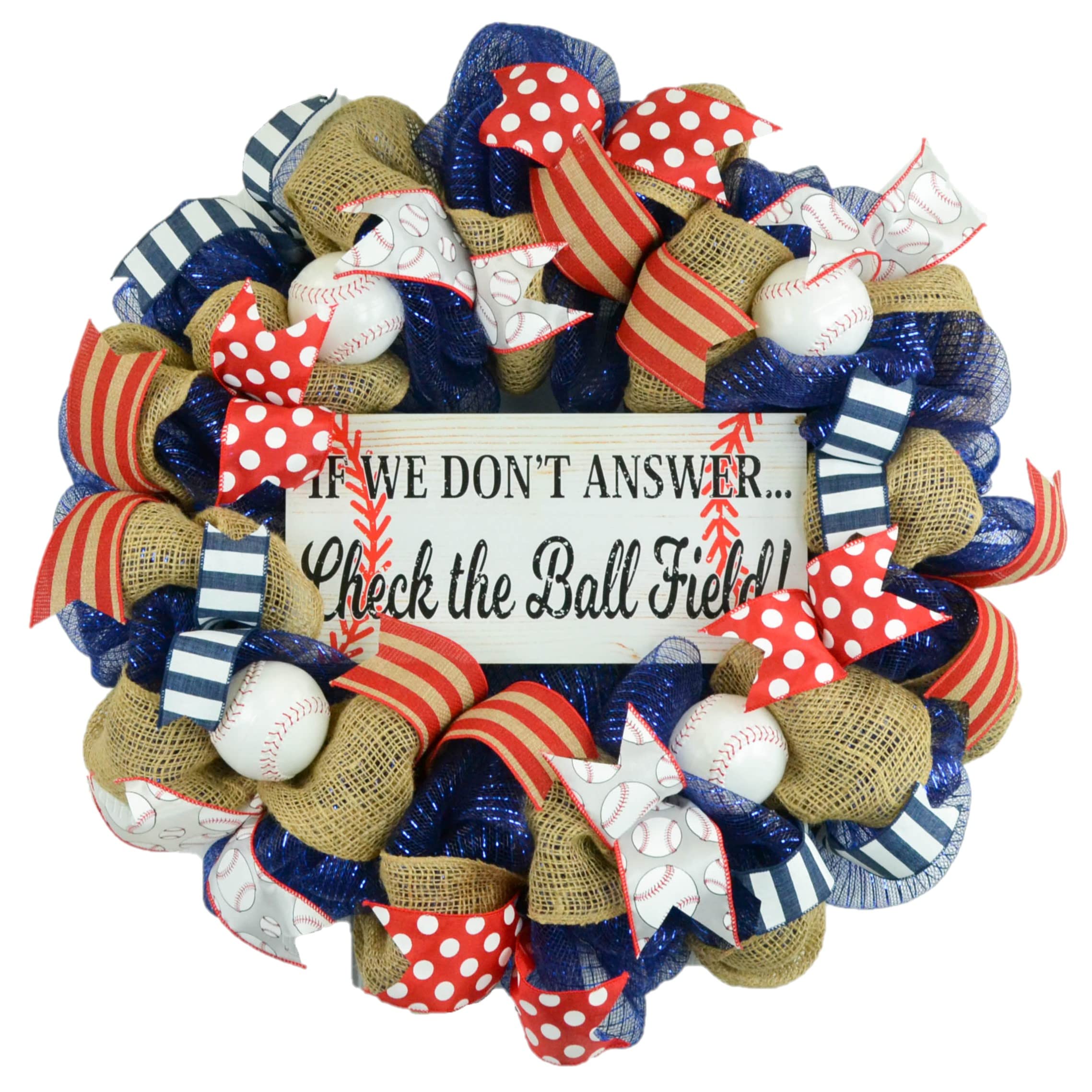 Royal Blue White Red Baseball Mesh Door Wreath - Hand-Stitched Baseball Decor for Front Door | Perfect for Baseball Season, Game Day Parties & Sports Fan Home Decor