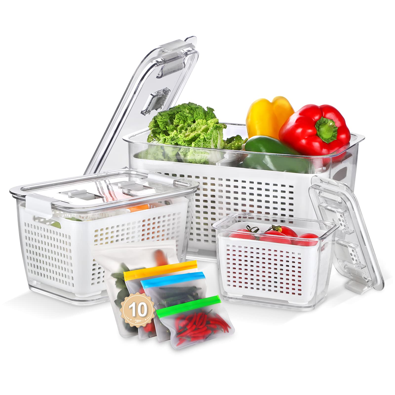 BPA-Free Fruit and Vegetable Storage Containers Set - 3-Pack Produce Saver Containers & 10 Reusable Freezer Bags for Fridge, Lunch, Meat | Fresh Food Organization for Home & Kitchen