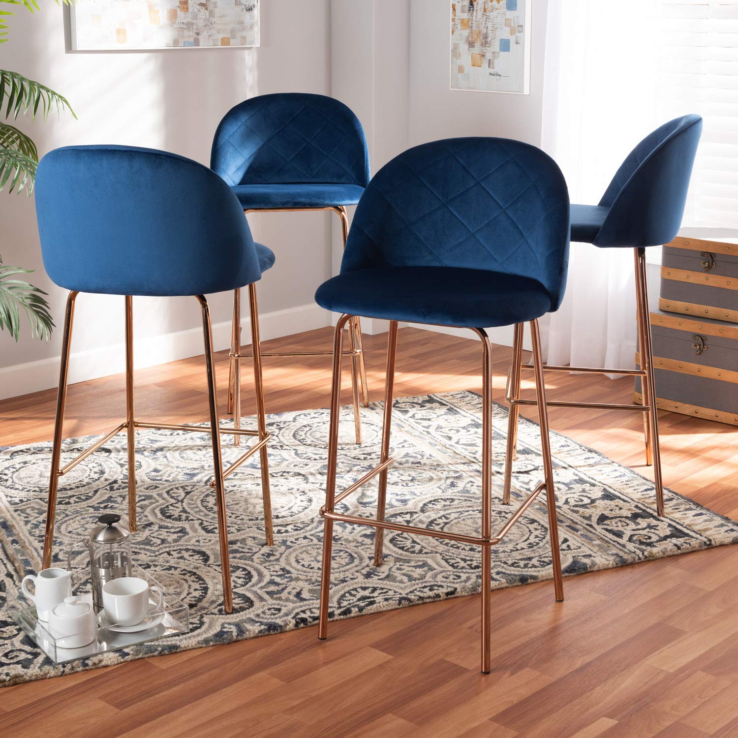 Baxton Studio Addie 4-Piece Bar Stool Set - Navy Blue Velvet Upholstery with Rose Gold Finish, Luxe & Glam Bar Stools for Kitchen Island, Breakfast Nook & Home Bar Decor