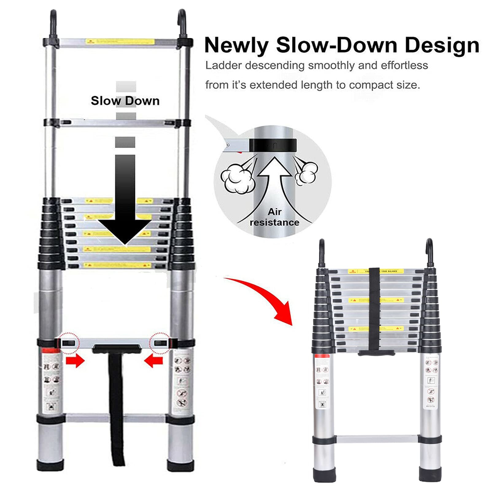 16.4ft Aluminum Telescoping Ladder - EN131 Certified Extension Ladder with 2 Detachable Hooks | 330lbs Max Load | Lightweight & Compact Folding Ladder for Roof Access, Ceiling Work, Home Maintenance, and Outdoor Projects