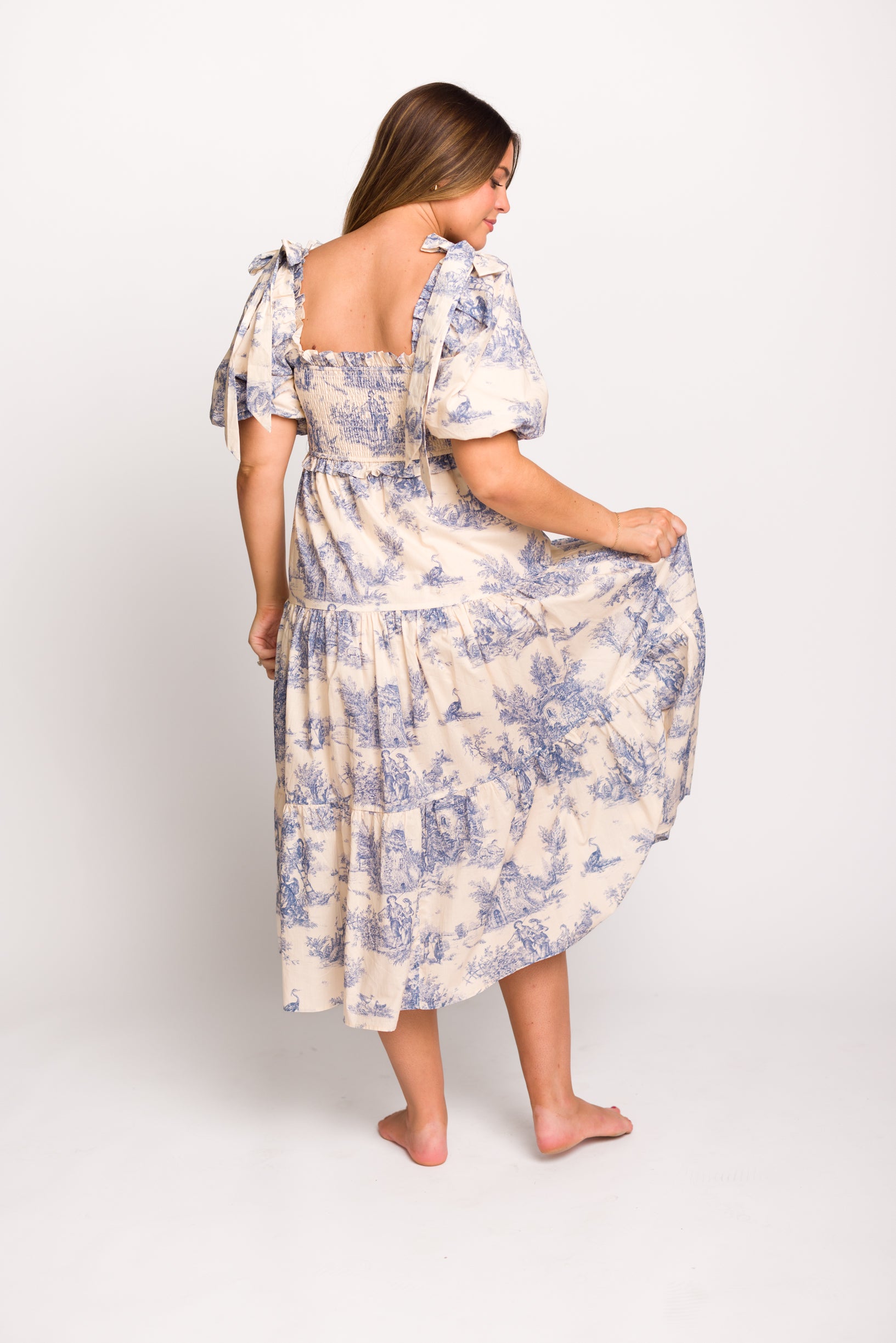 Elena 100% Cotton Toile Print Smocked Midi Dress in Blue - Bump Friendly Maternity Dress for Pregnancy, Nursing & Special Occasions | Perfect for Baby Showers, Brunch Dates & Summer Outings