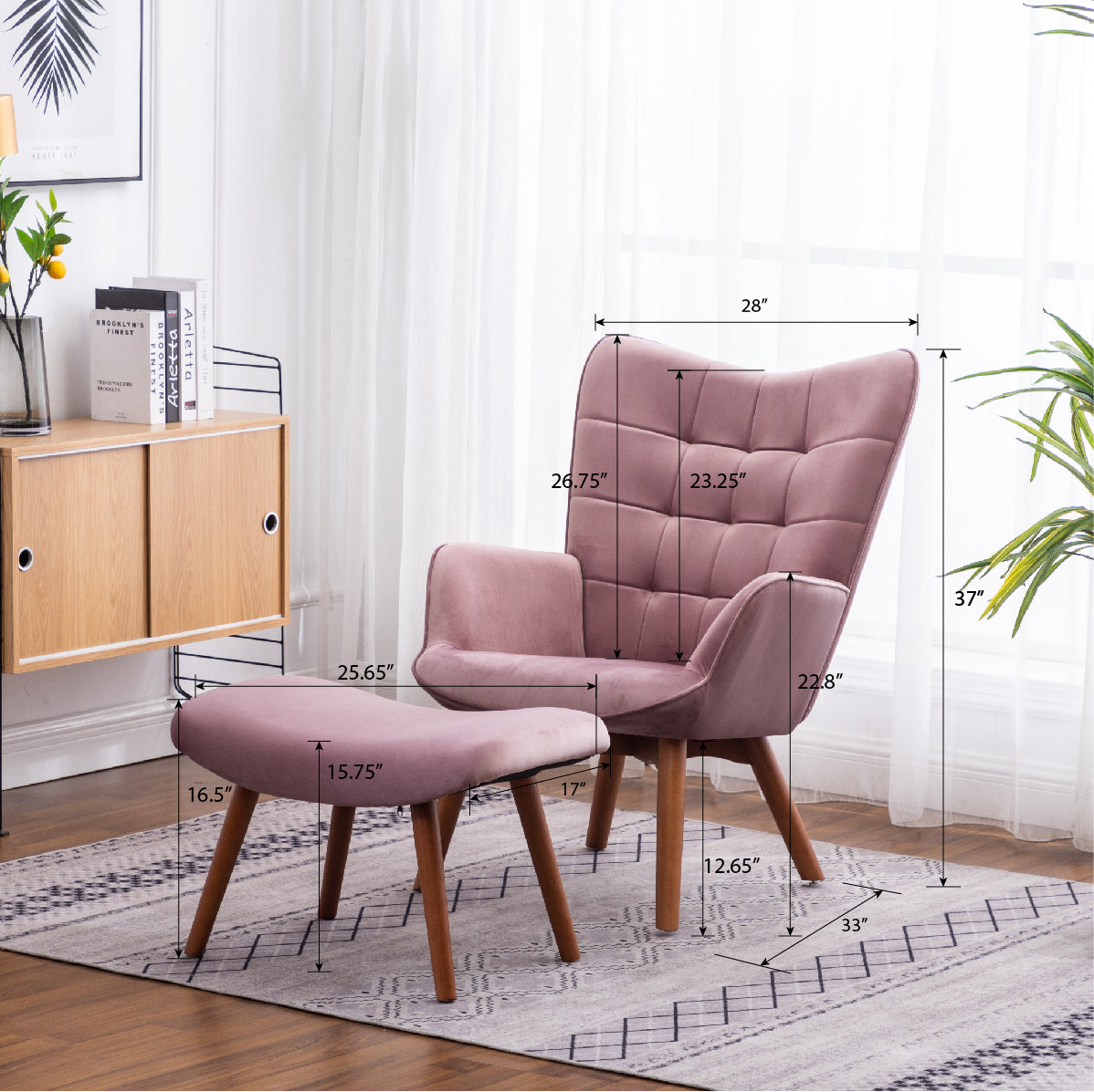 Roundhill Furniture Leiria Contemporary Silky Velvet Tufted Accent Chair with Ottoman - Modern Living Room Seating for Home Office, Bedroom & Lounge Areas
