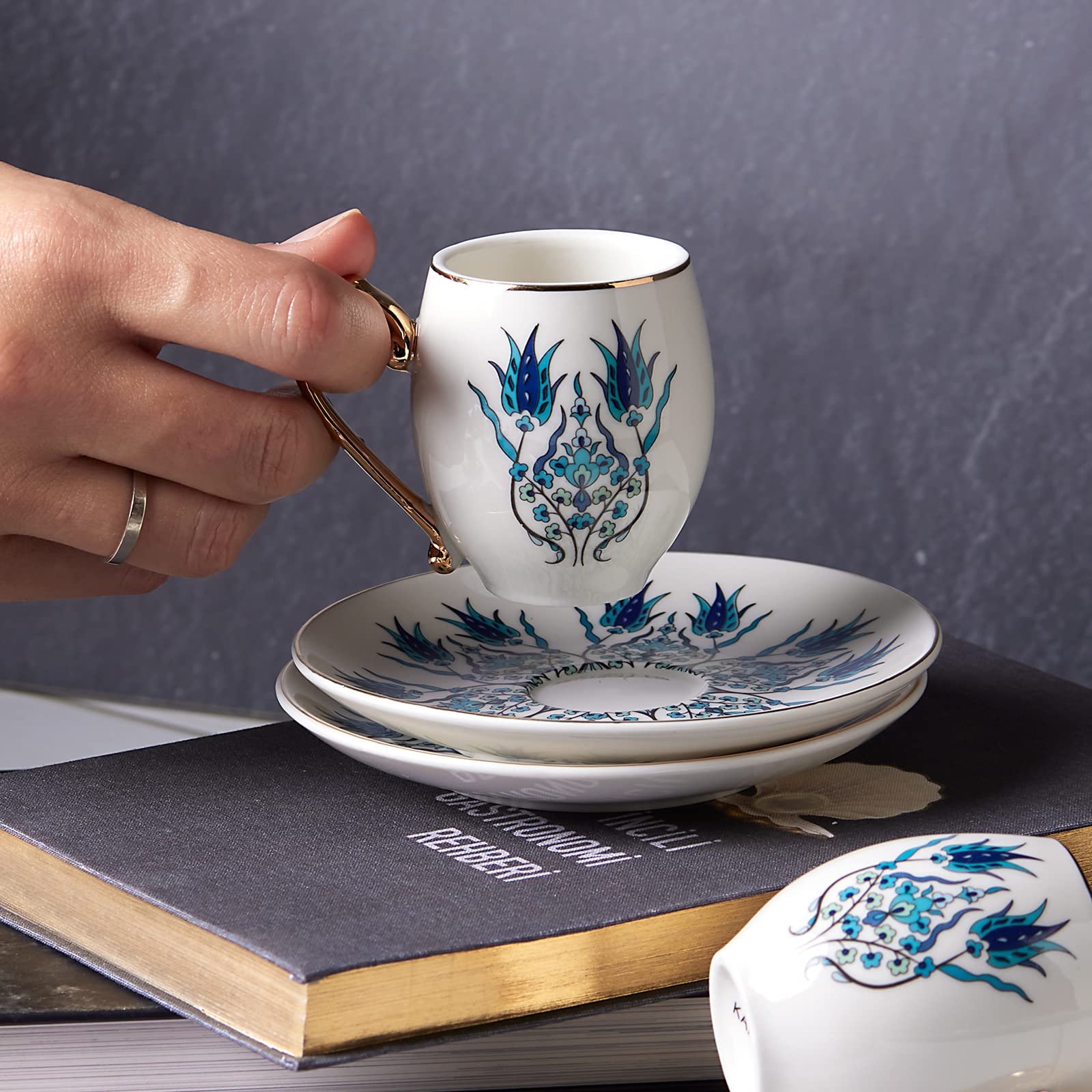 Decoret 6-Piece Porcelain Espresso Cup and Saucer Set - Small Demitasse Coffee Cups for Espresso & Turkish Coffee, White & Blue Ceramic Gift Box Set - Perfect for Home, Cafe, and Office Use