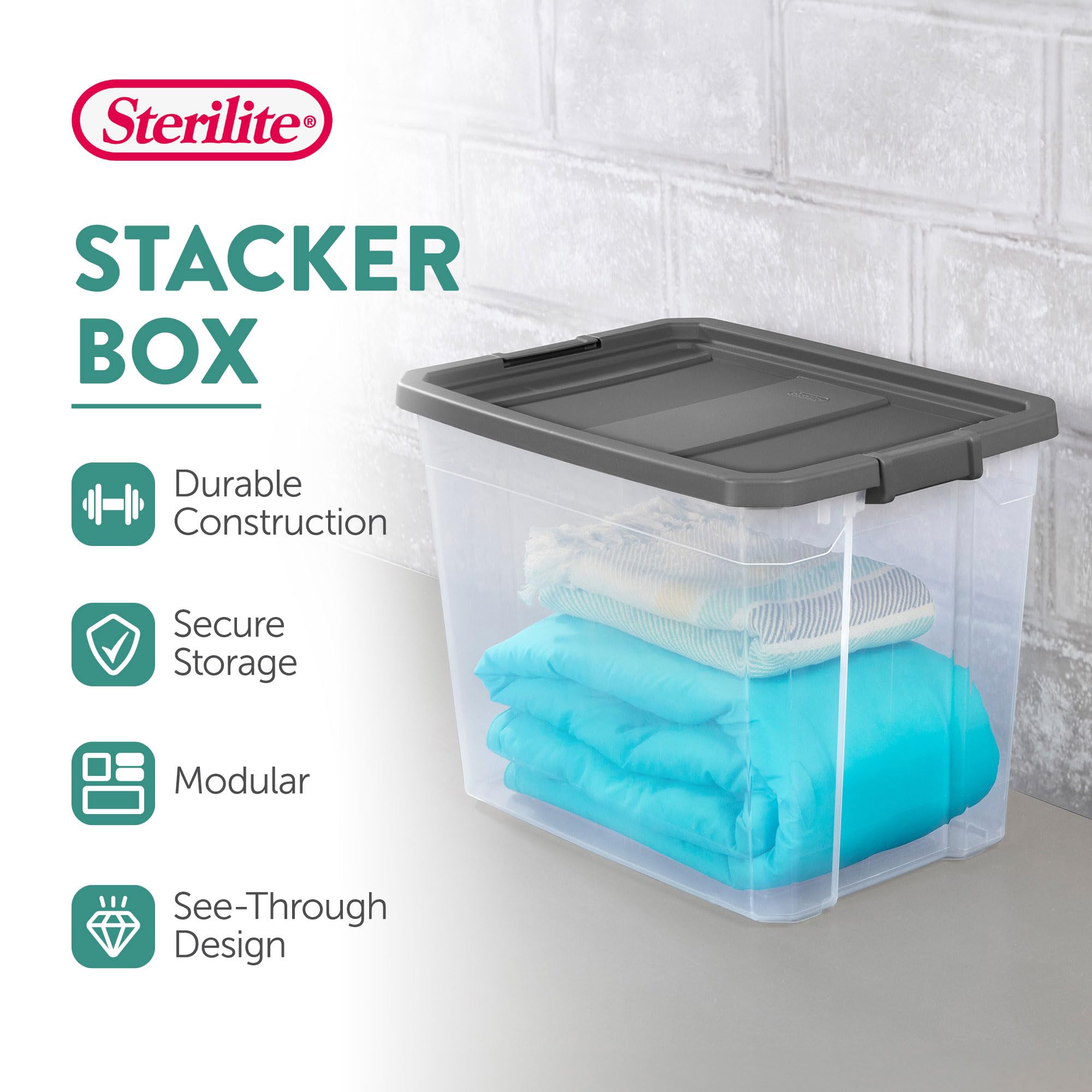 Sterilite 8-Pack Modular Stacker Box - Clear Plastic Storage Bins with Secure Latching Lids (108 Quart) - Durable Stackable Organizer for Home, Office & Garage Storage Solutions