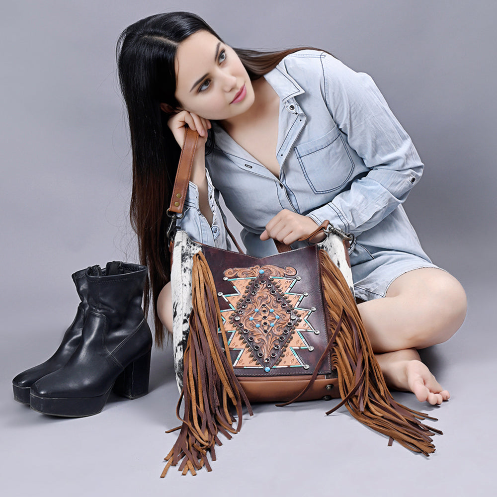 **Genuine Leather Women's Western Handbag - American Darling Hand-Tooled Hair-On Cowhide Purse for Casual & Country Style Outfits**