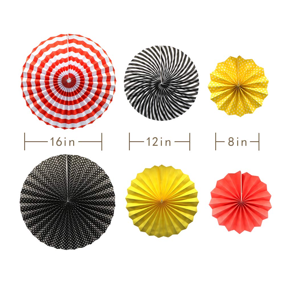Vibrant Red Yellow Black Hanging Paper Party Decorations - Round Paper Fans & Pom Poms Set for Mickey Mouse Theme, Firetruck Birthday, Wedding, Graduation & Baby Shower | Perfect for Indoor/Outdoor Celebrations, Home Decor & Party Backdrops