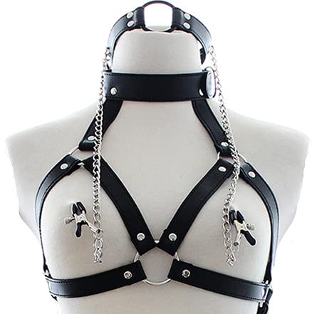 UTIMI Adjustable BDSM Bondage Restraints Set - 4-in-1 Adult Sex Toys for Couples (Chest Harness, Nipple Clamps, Neck Collar, Open Mouth Gag) - Black | Perfect for Spicing Up Bedroom Play & Role-Playing Scenes