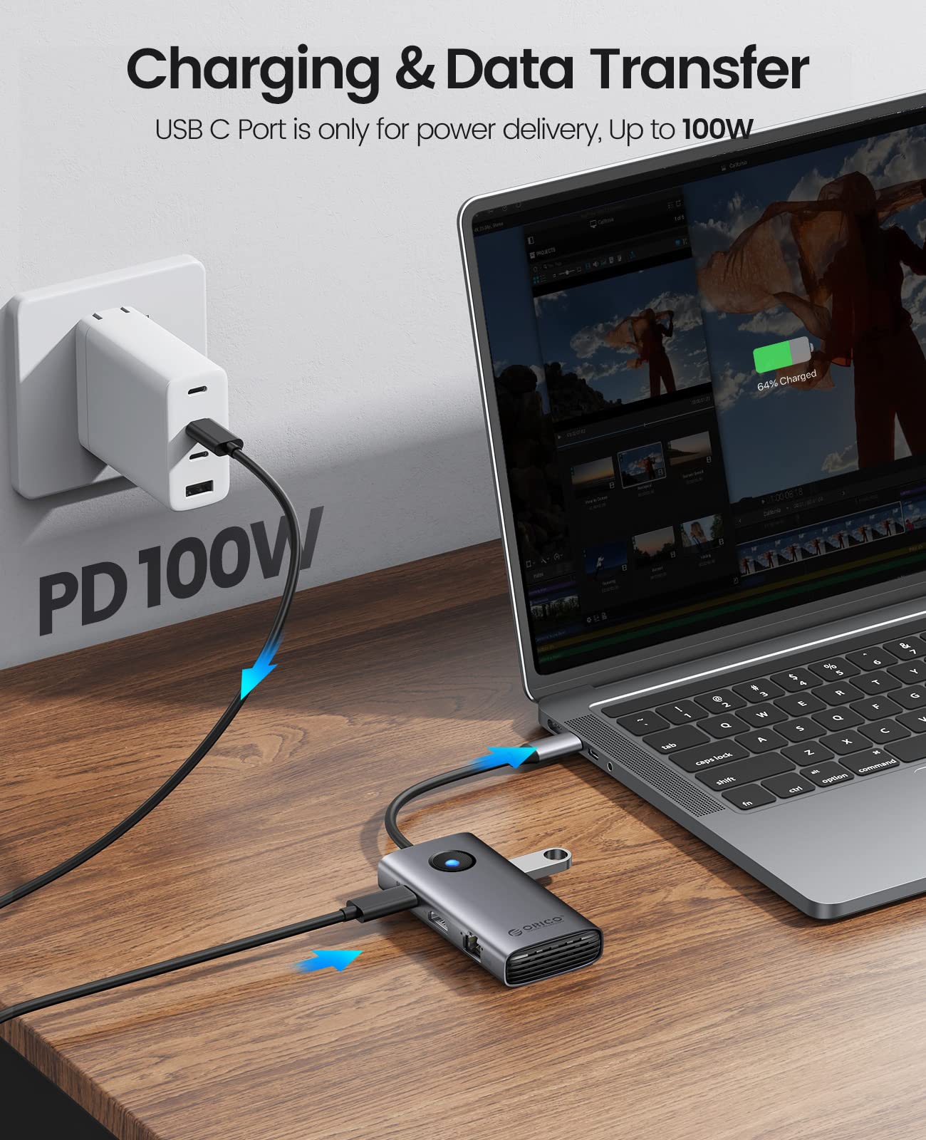 ORICO 6-in-1 USB C Hub with Ethernet, HDMI 4K & 100W PD for MacBook Pro & Chromebook - Home & Office Use