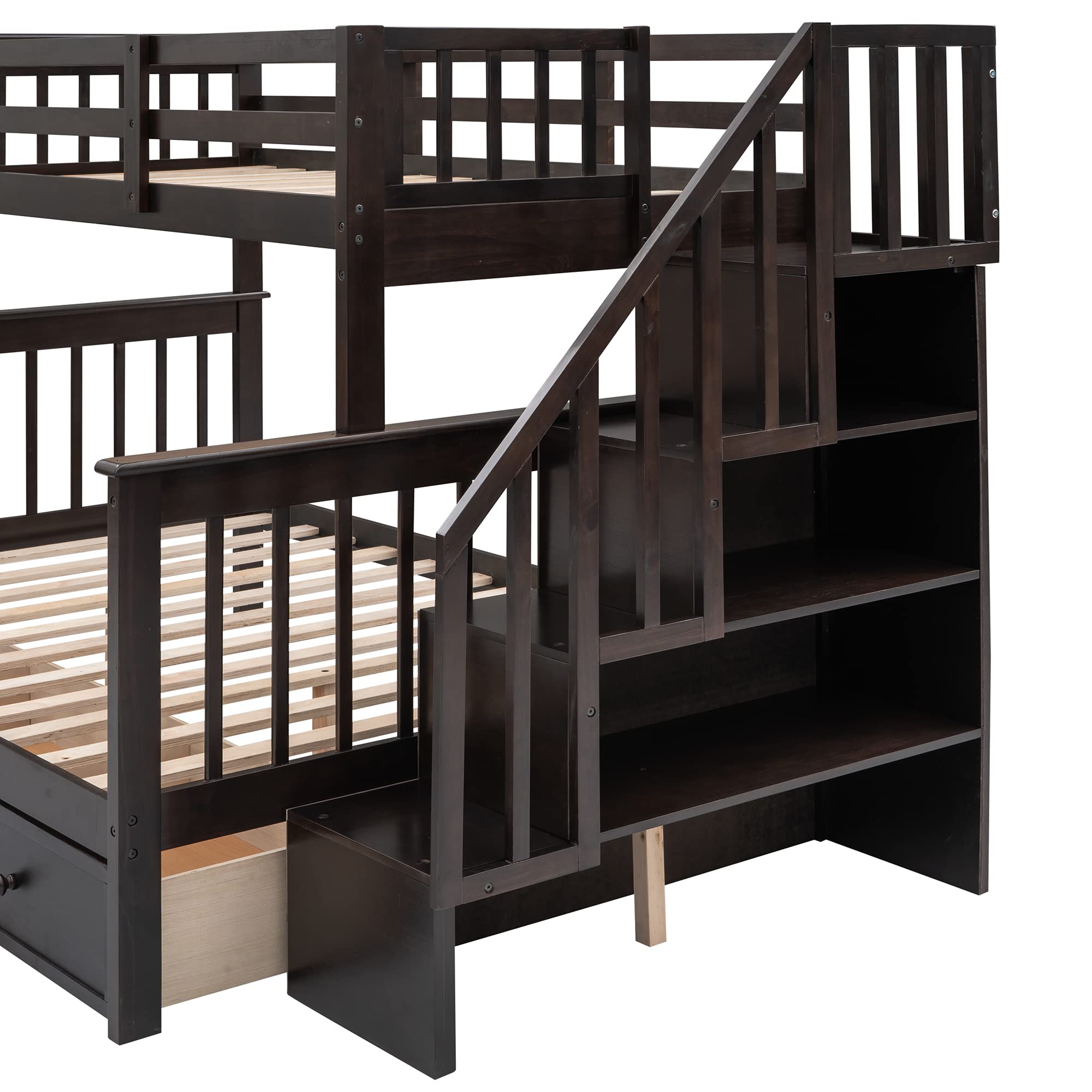 P PURLOVE Twin-Over-Full Bunk Bed with Drawer & Side Storage - Sturdy Wood Bunk Bed for Kids & Adults - Perfect for Small Bedrooms, Dorm Rooms & Space-Saving Solutions