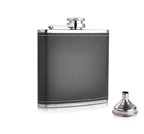 Premium Stainless Steel Hip Flask with Funnel & Stitched Leather Cover - 7oz (210ml) Portable Liquor Flask for Whiskey, Vodka, Wine & Alcohol - Perfect for Outdoor Adventures, Camping, Travel & Gifts