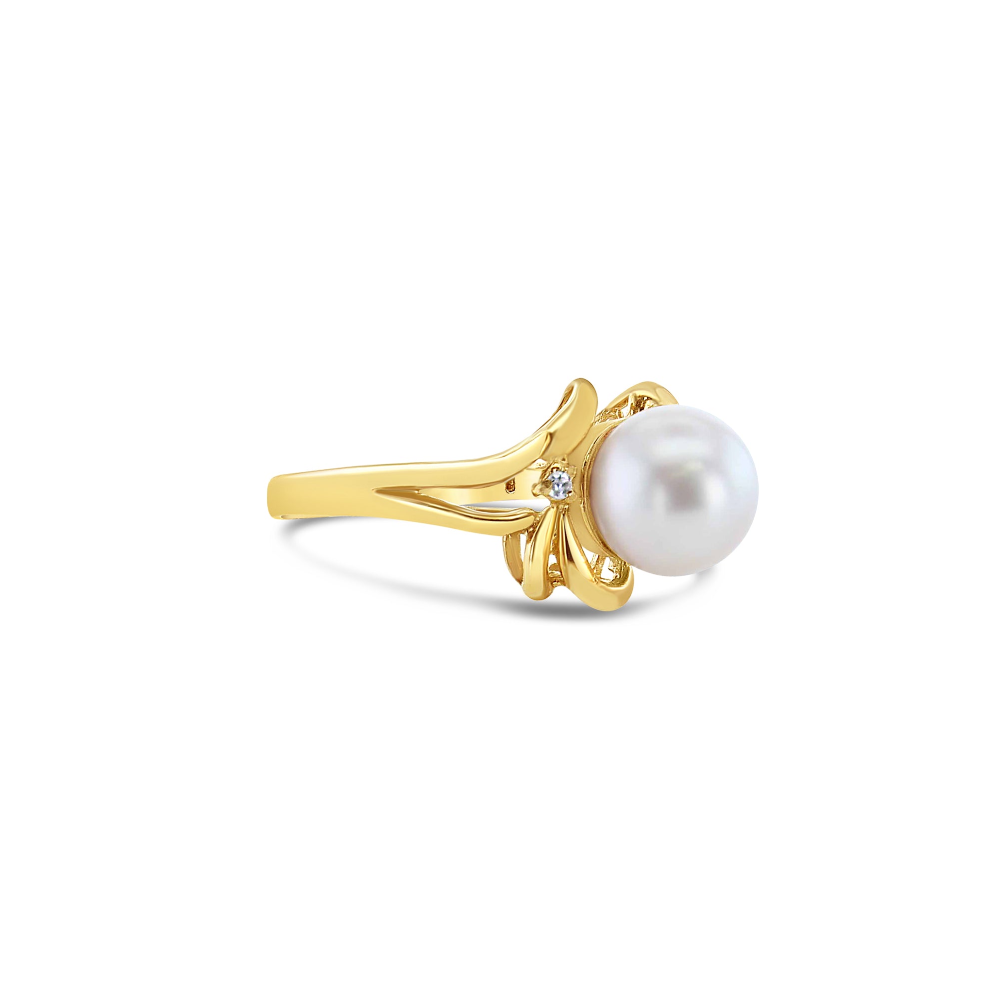 8MM Solitaire Pearl Ring with Diamond Accents in 14k Yellow Gold - Elegant Jewelry for Weddings, Anniversaries & Special Occasions
