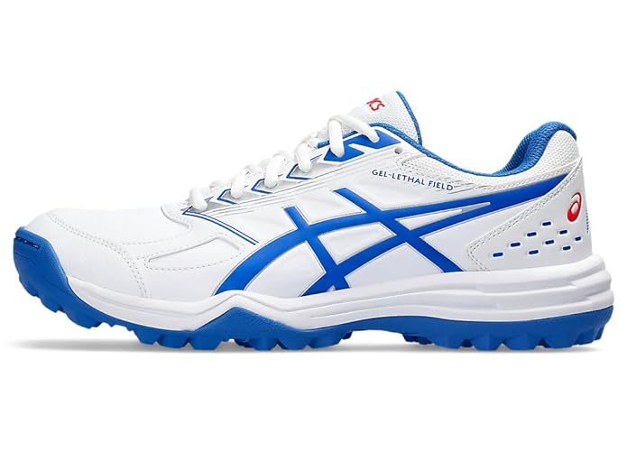 ASICS Gel Lethal Field White/Tuna Blue Cricket Shoes - Rubber Spikes for Enhanced Traction - Perfect for Professional Cricket Matches & Field Sports