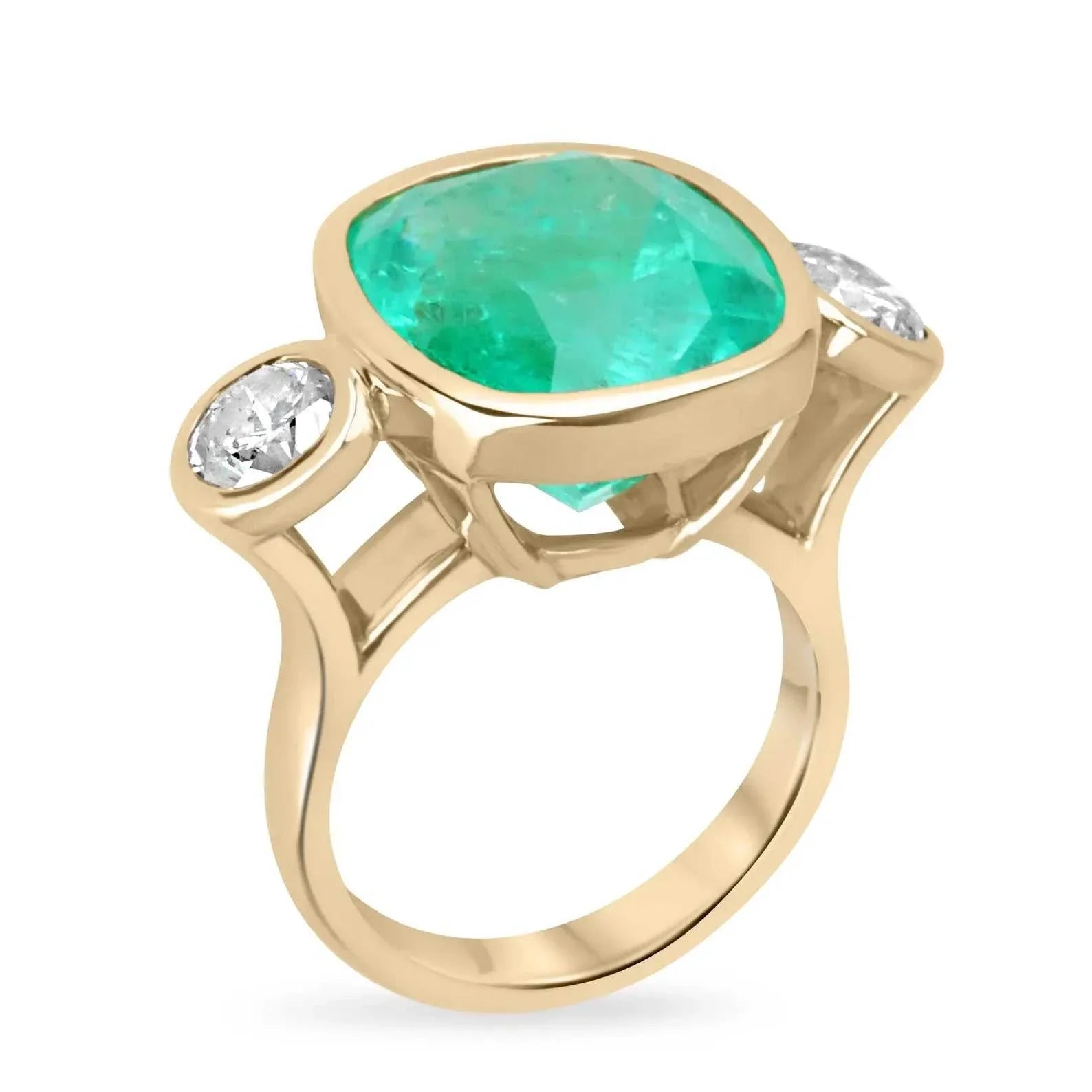 14.20tcw Colombian Emerald Cushion Cut & Diamond Bezel Three Stone Statement Ring in 18K Gold - Elegant Jewelry for Weddings, Anniversaries & Special Occasions