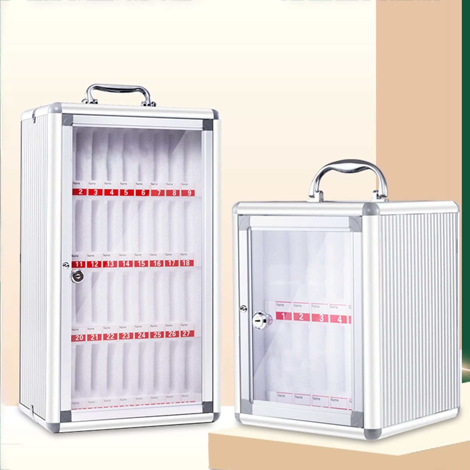 Aluminum Alloy Phone Storage Cabinet with Safety Lock & Handle - 36 Pocket Silver Organizer for Classroom, Office & Factory | Secure Device Storage Solution