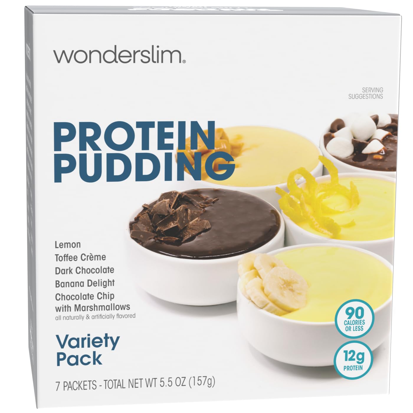WonderSlim Protein Pudding Mix Variety Pack - 12g Protein per Serving, Gluten Free, Low Carb (7 Count) - Perfect for Keto Diet, Post-Workout Recovery & Healthy Snacking