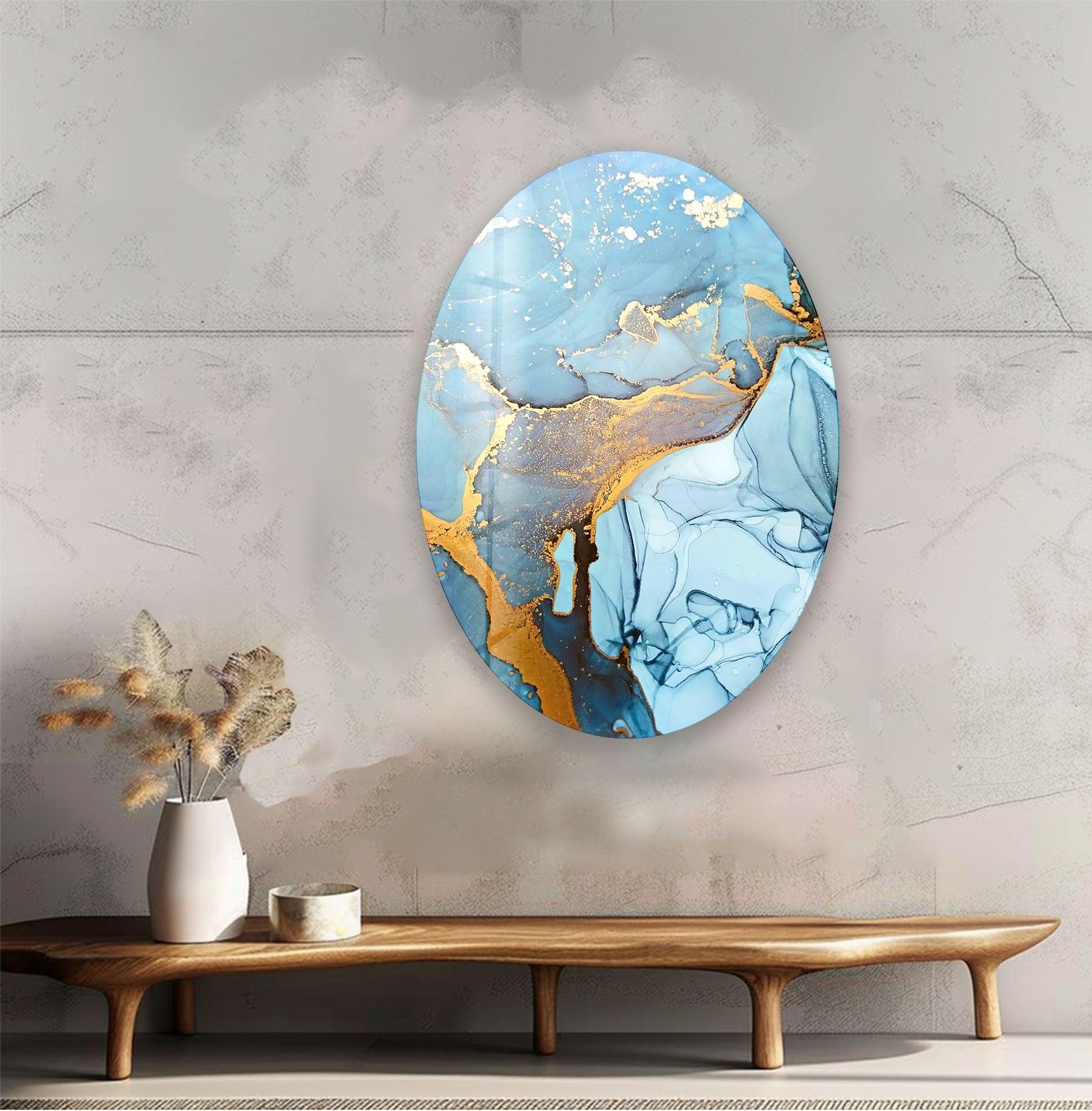 Abstract Blue Marble Glass Wall Art - Asymmetric Oval Design for Modern Home & Office Decor | Handmade Glass Artwork for Living Room, Bedroom, or Entryway