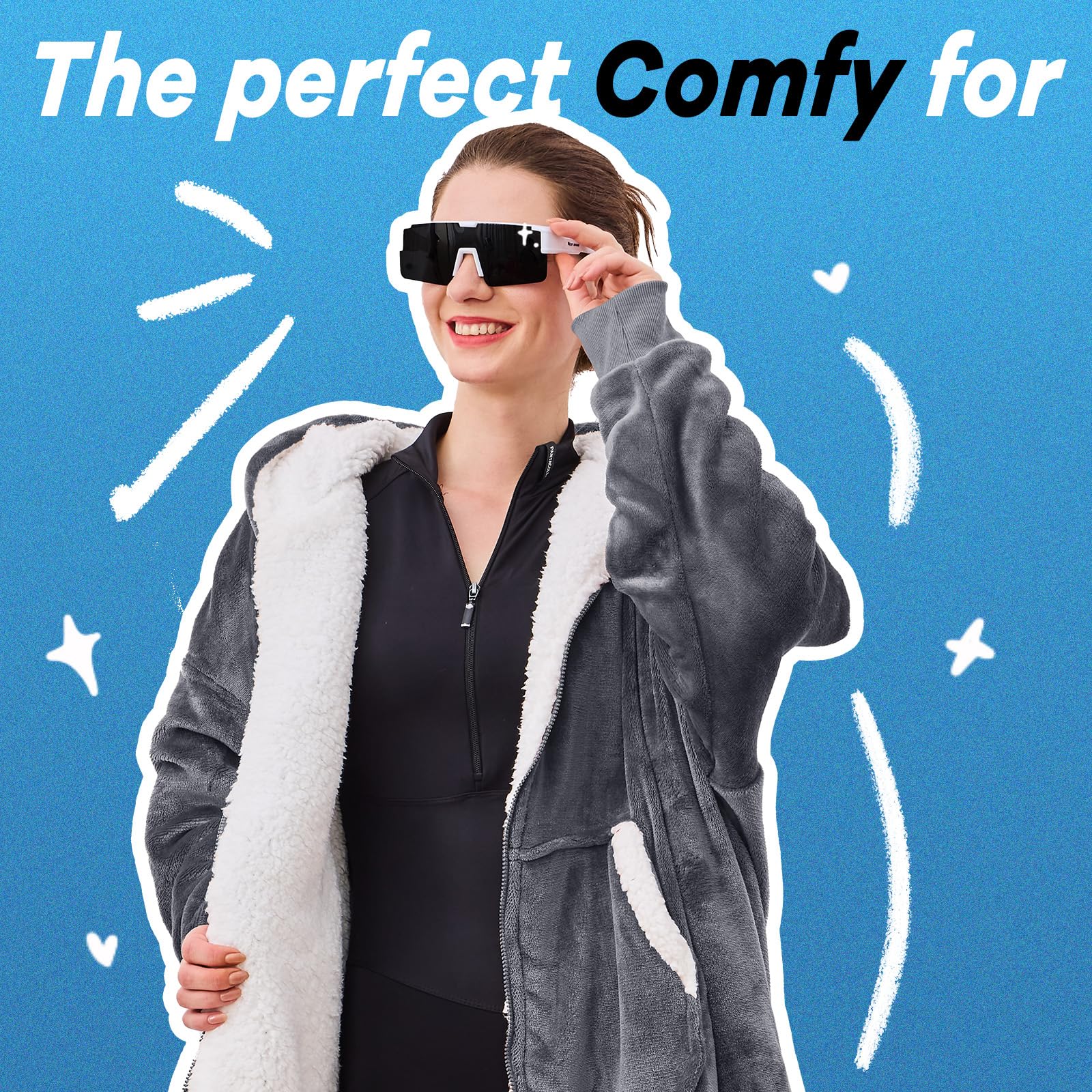 JOYWOO Wearable Blanket Hoodie - Oversized Sherpa Hooded Sweatshirt with Giant Pocket for Women & Men | Cozy Winter Gifts for Mom, Birthday Presents | Perfect for Lounging, Movie Nights & Cold Weather (Grey)