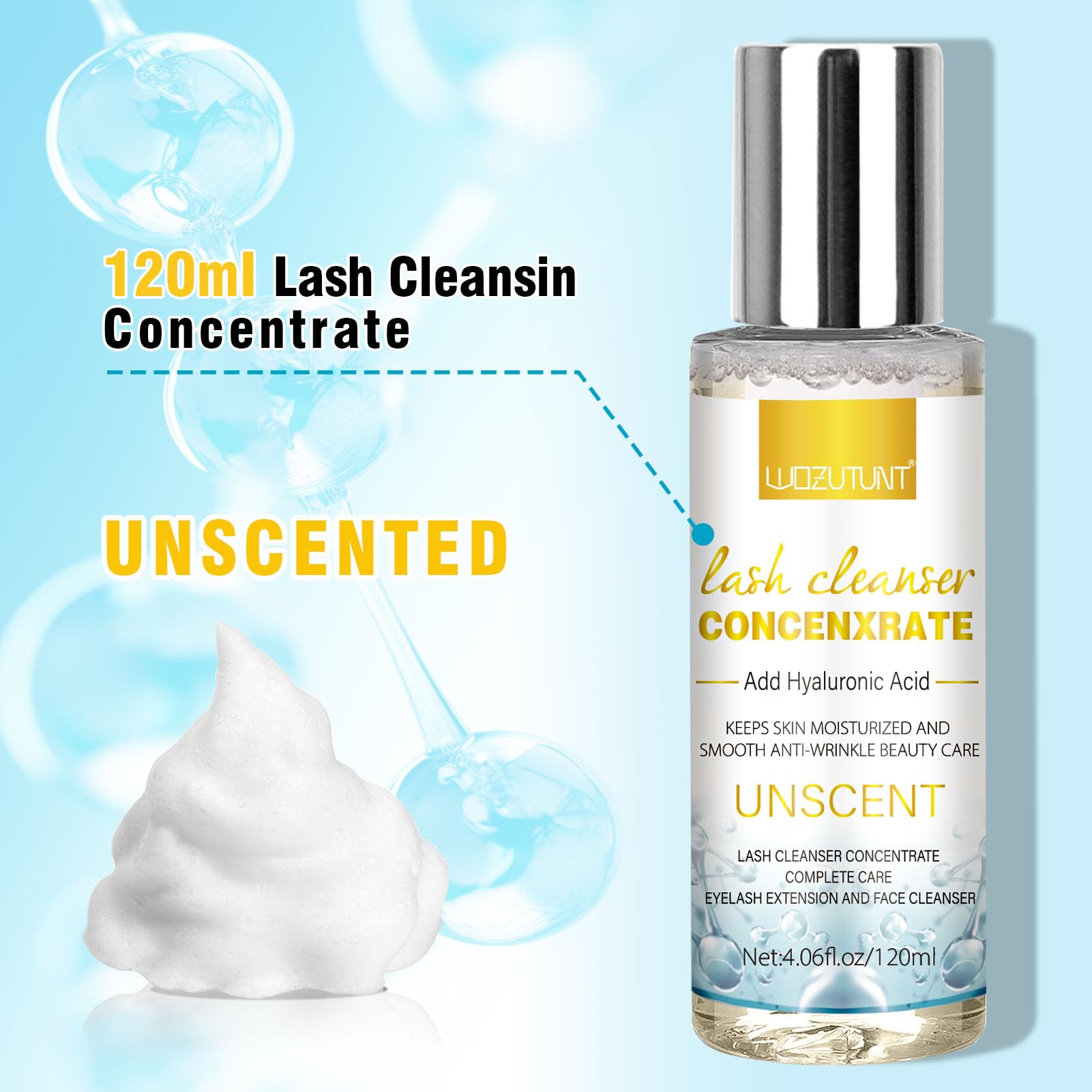 4.06oz Professional Lash Extension Shampoo Concentrate - Natural Foaming Eyelash Cleanser for Extensions | Gentle Lash Cleanser Kit for Daily Use & Salon Care
